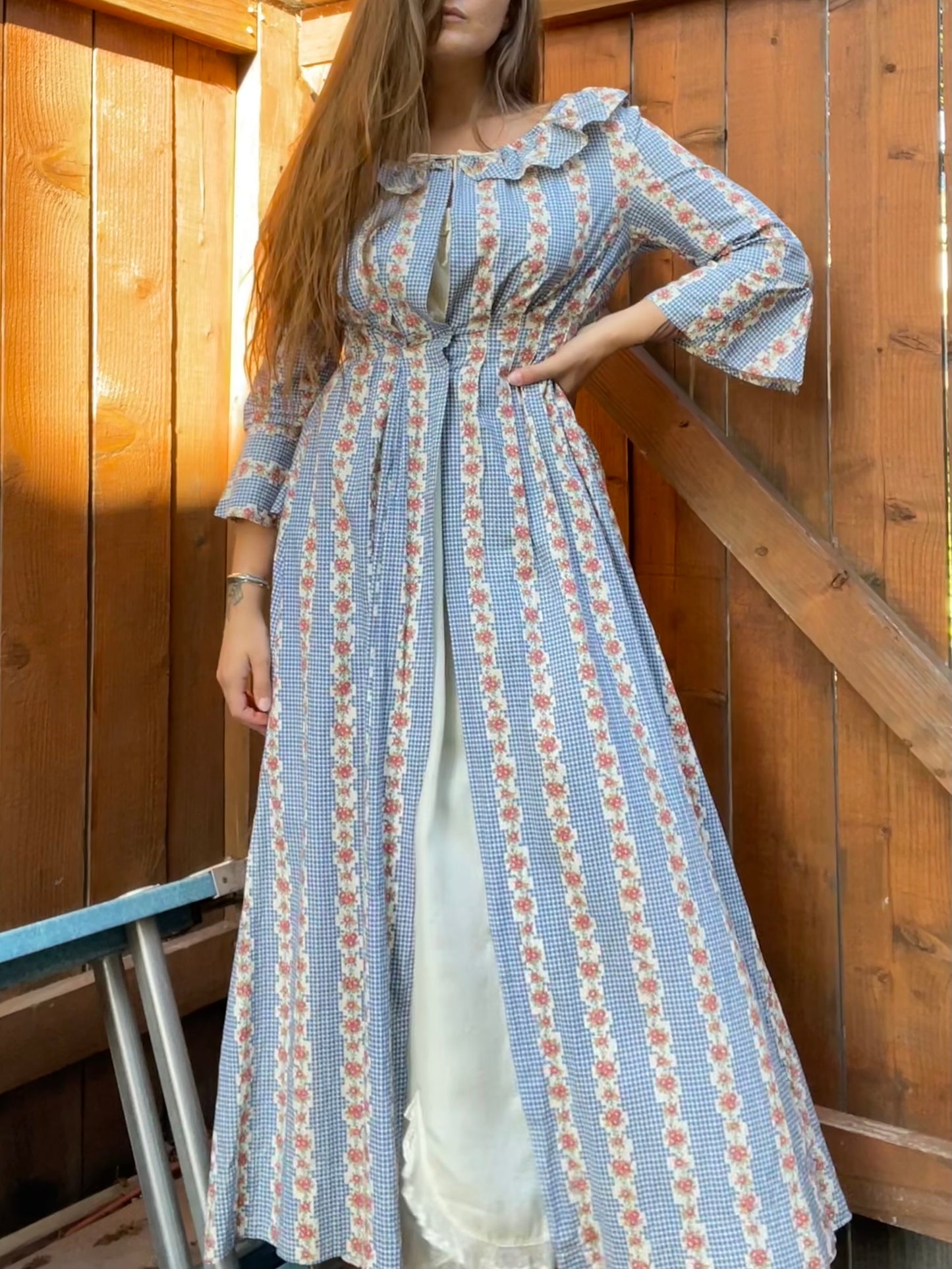 1930s Feedsack Ruffle Neckline Striped Floral Floor Length Dressing Gown