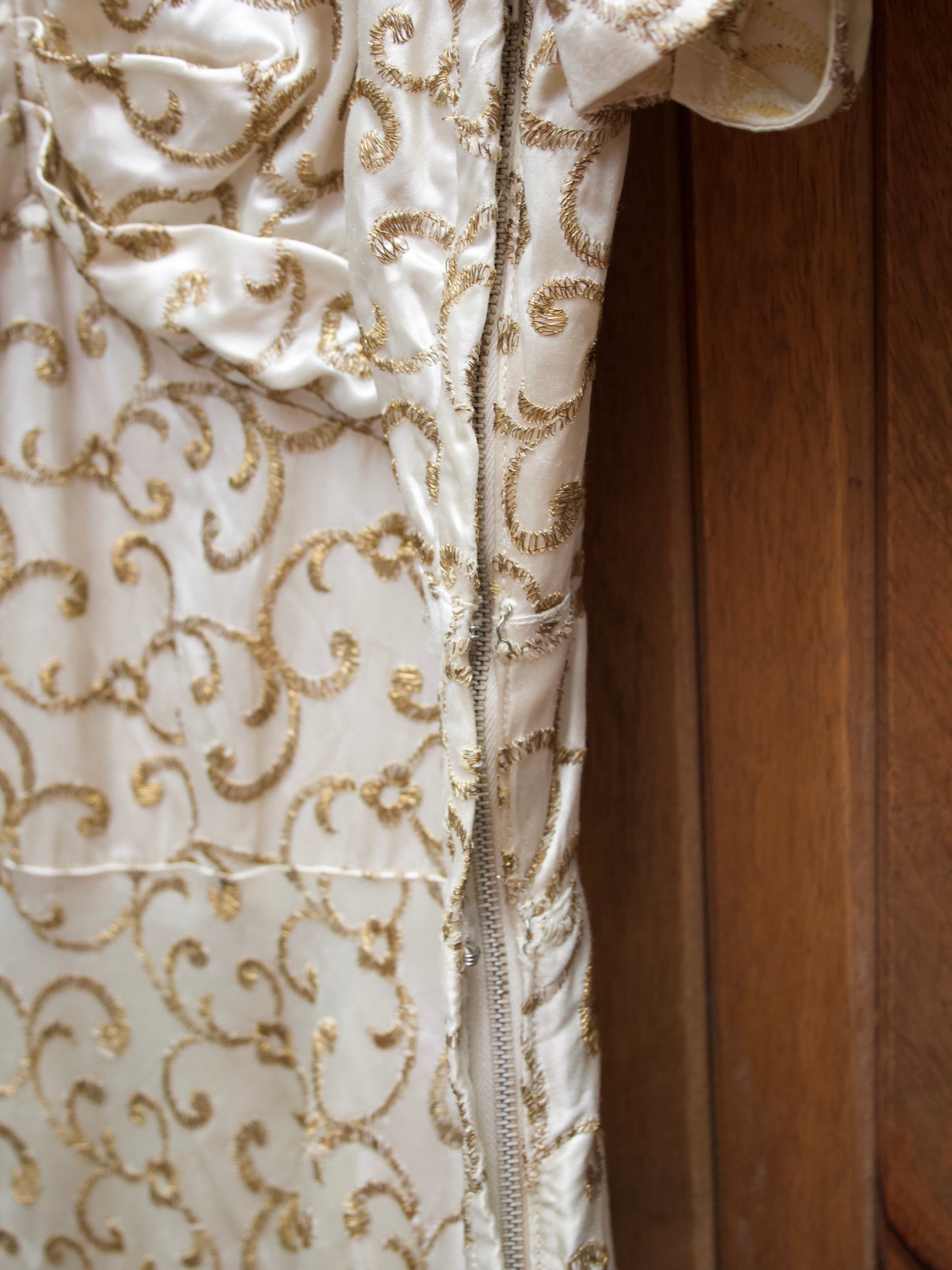 1930s Candlelight Silk Satin Lamé Embroidered Puff Sleeve Sweetheart Gown