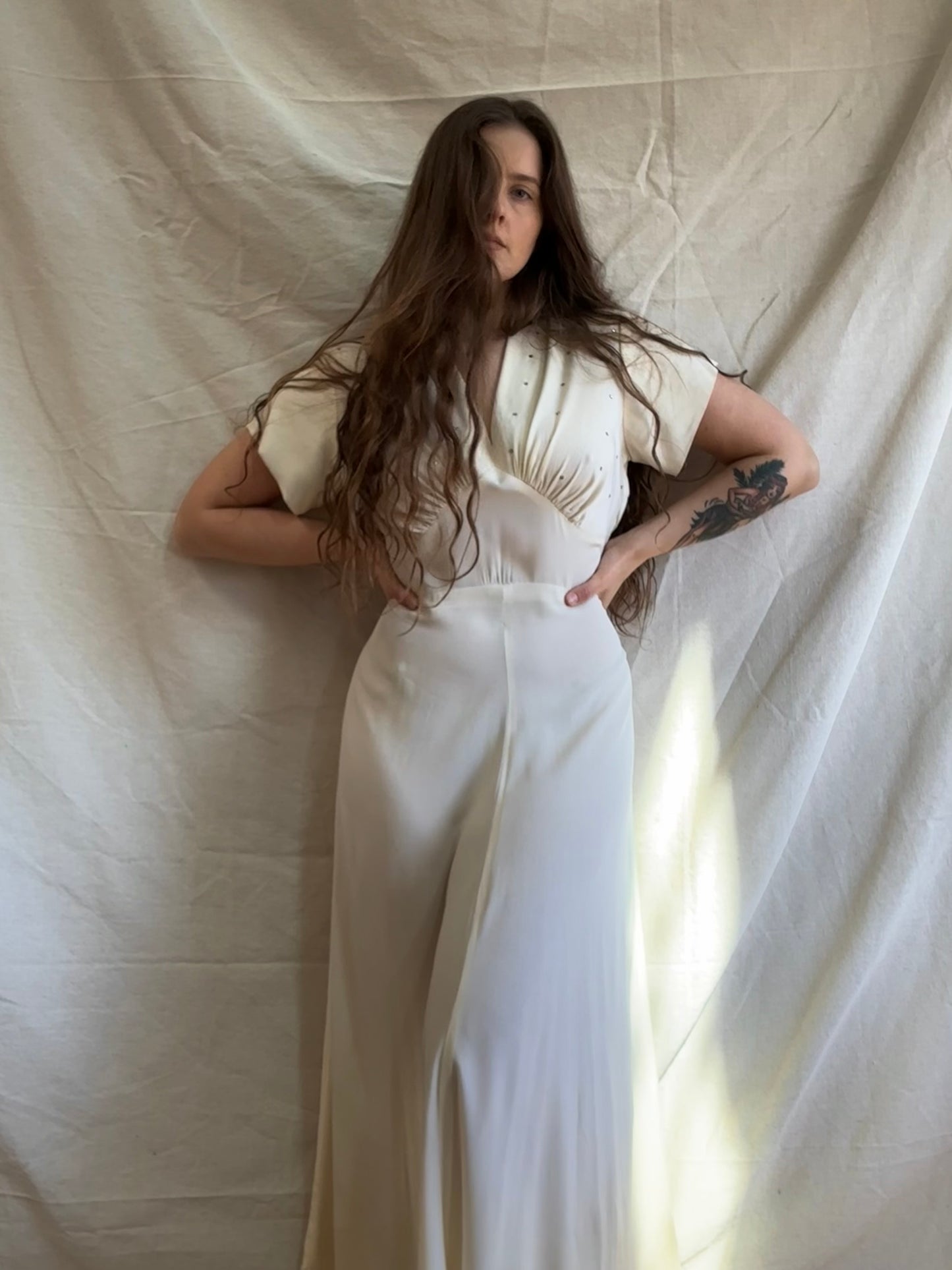 1940s Diamante Silk Crepe Bias Cut Gown