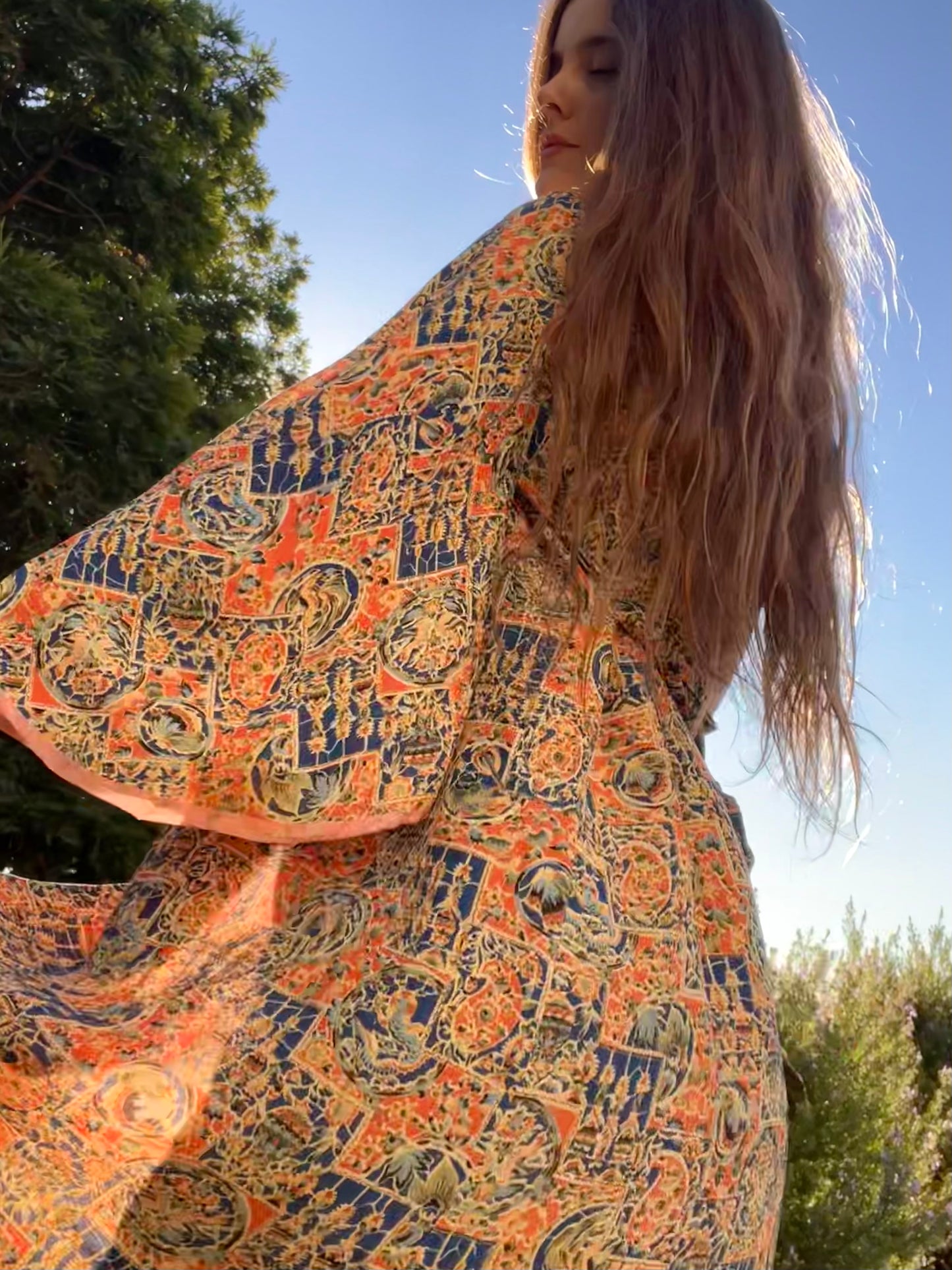 1920s Silk Crepe Japanese Trumpet Sleeve Tunic Style Robe