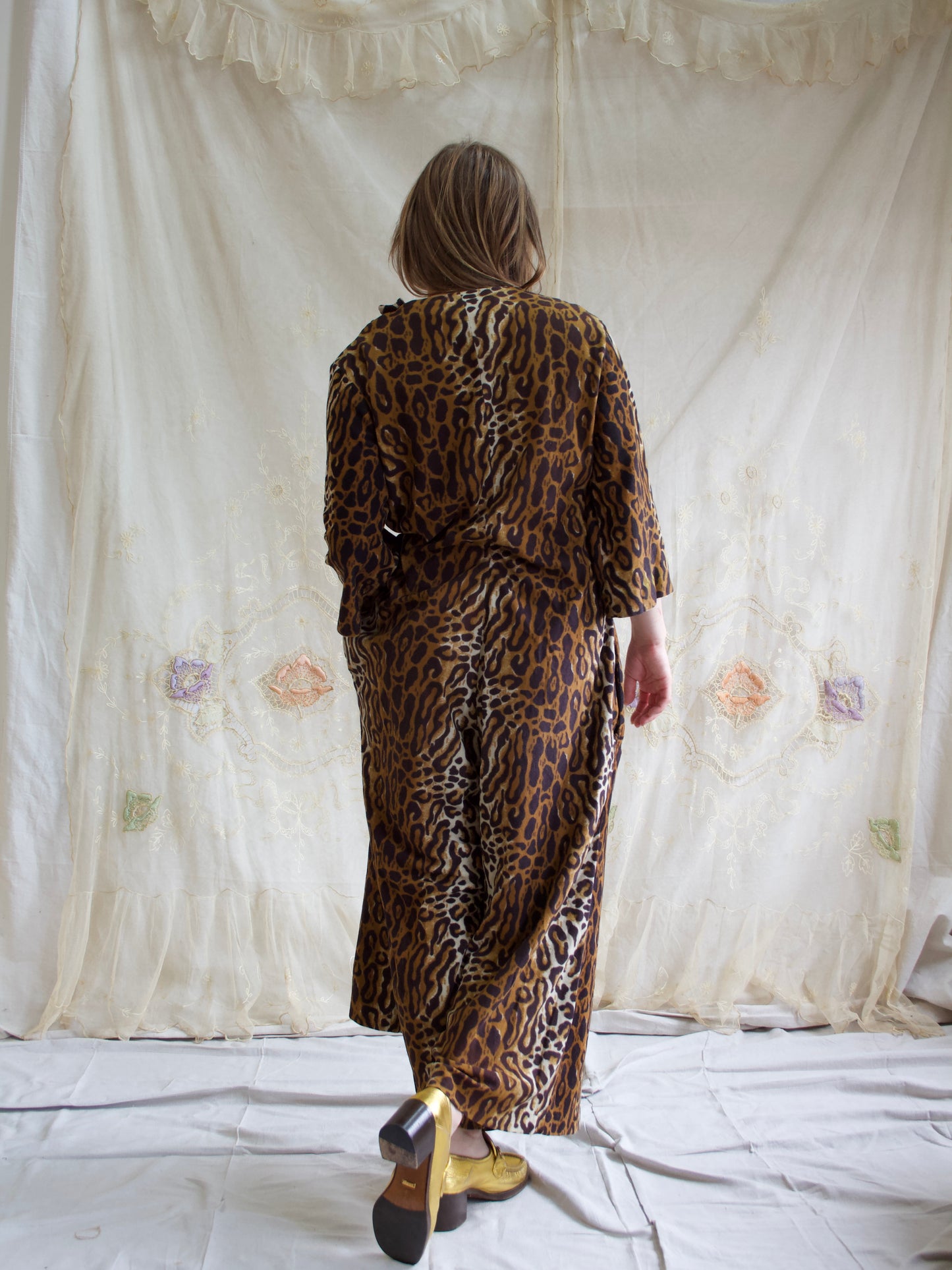 1950s Cheetah Print Plush Palazzo Pant Zip Front Lounge Jumpsuit