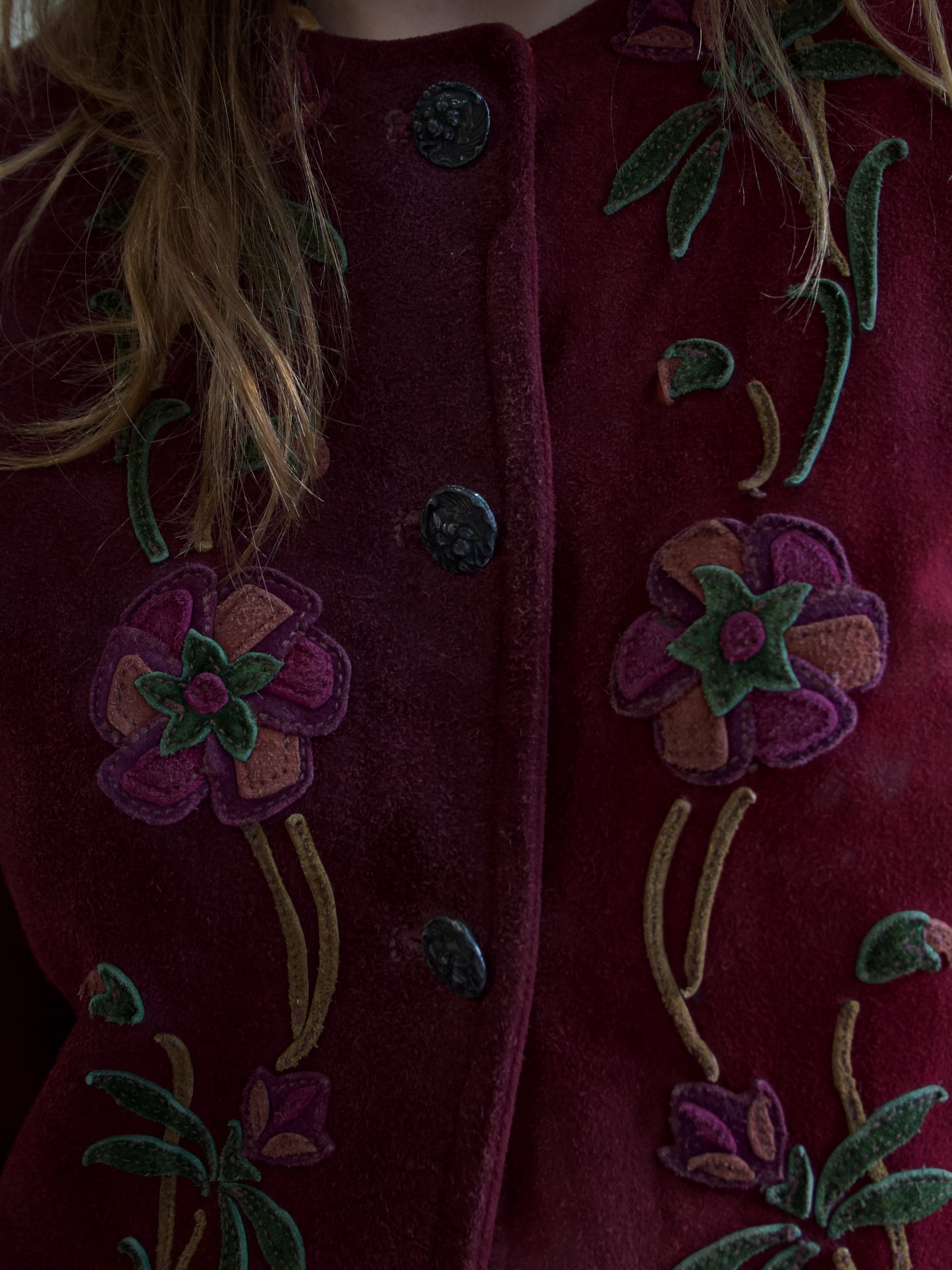 1970s Aubergine Suede Floral Applique Jacket