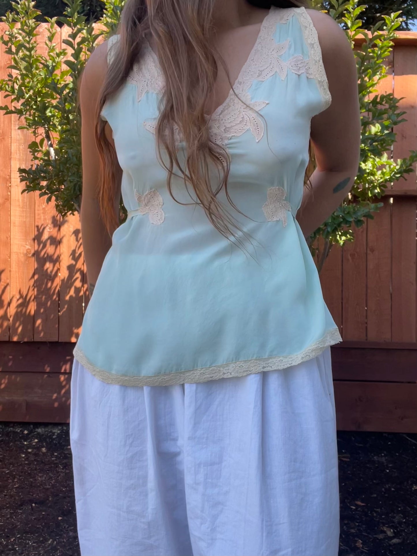 1930s Mint Silk Inset Lace Tie Waist Lounge Blouse