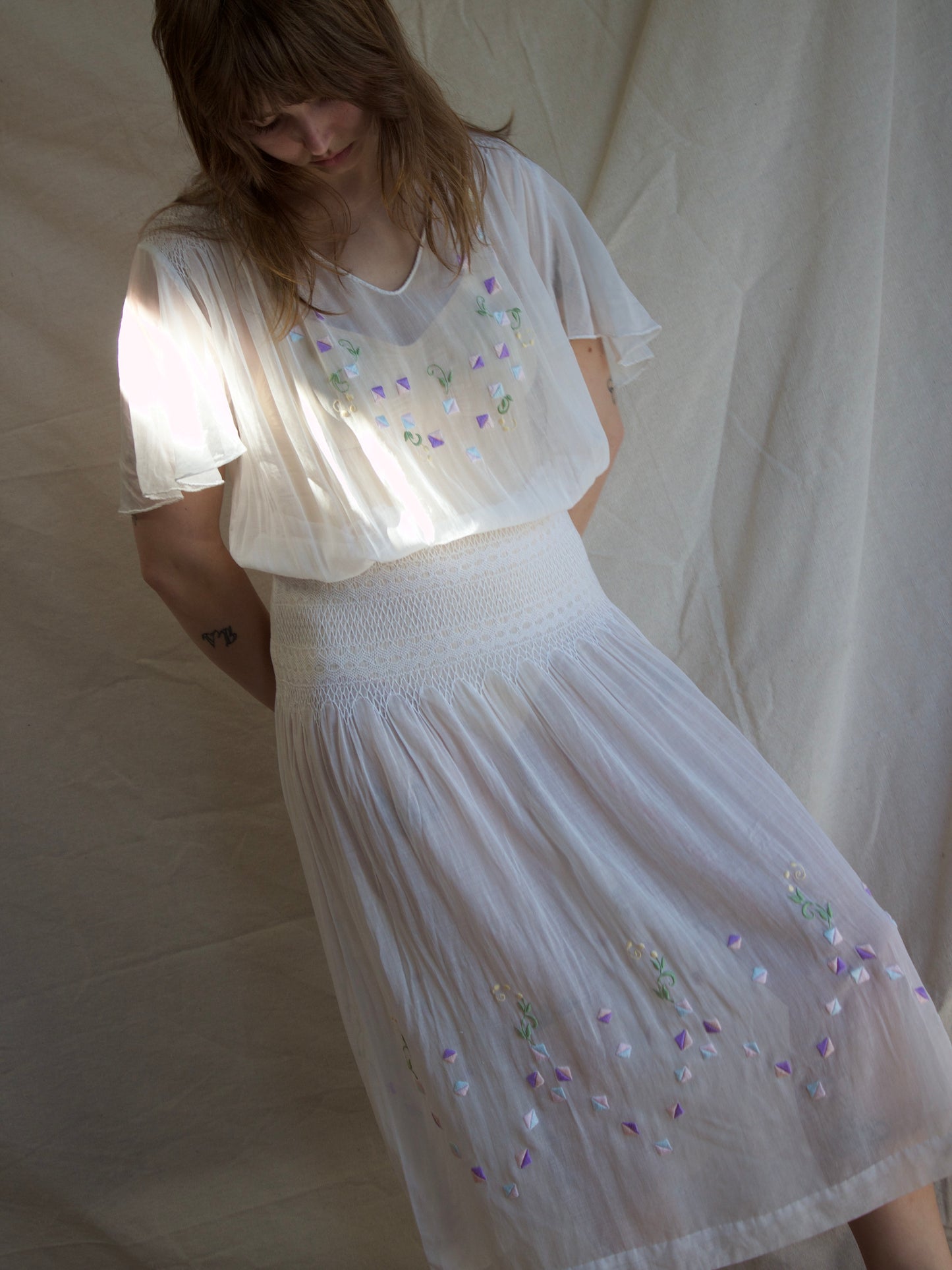 Antique 1920s Smocked Folk Flutter Sleeve Peasant Dress
