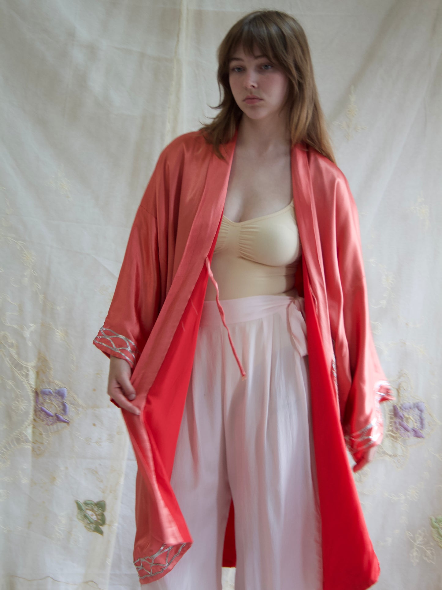 Rare 1940s Salmon Pink Gold Bullion Embroidered Peacock Robe