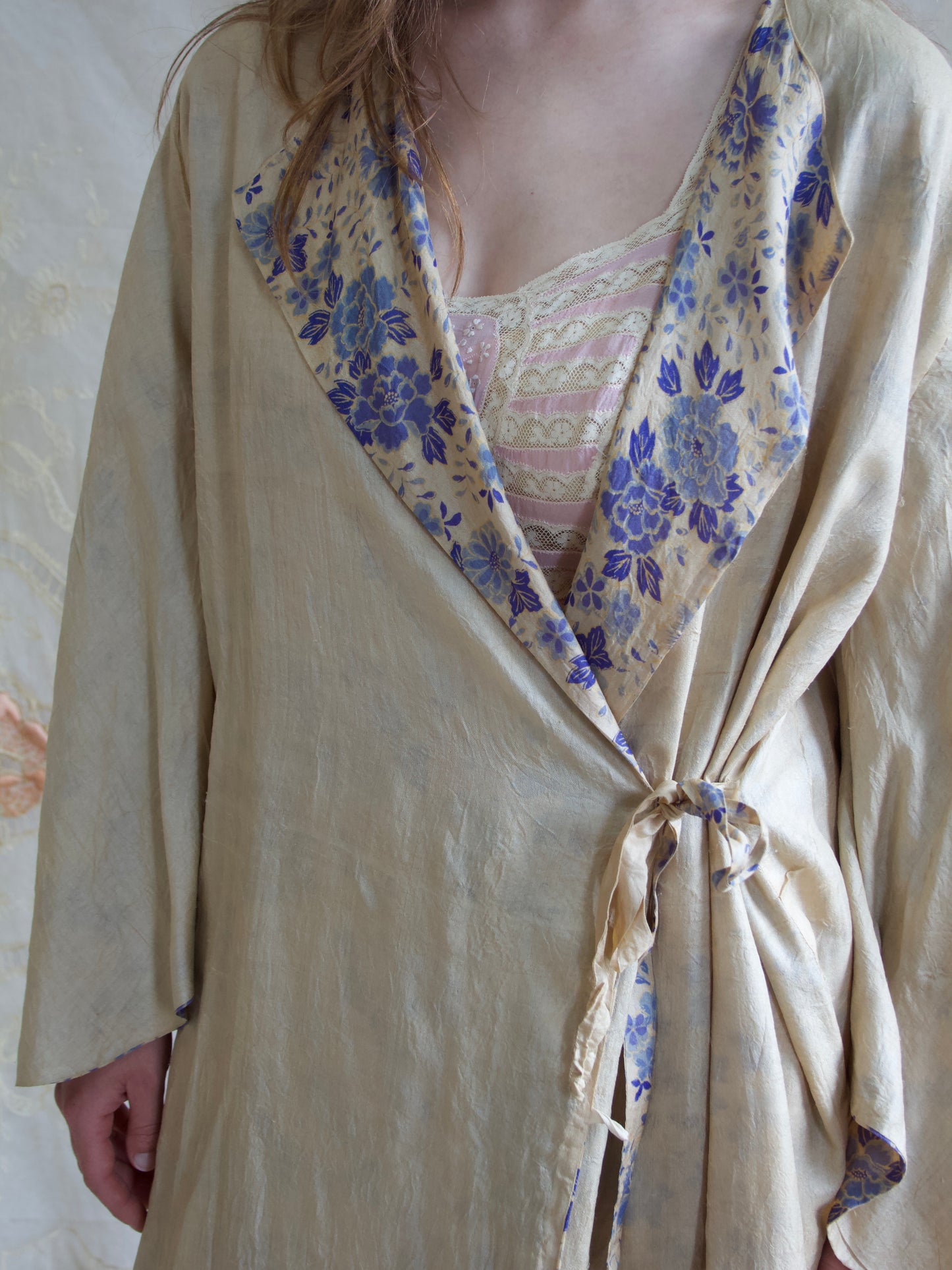 Antique 1920s Reversible Flutter Sleeve Floral Pongee Silk Robe
