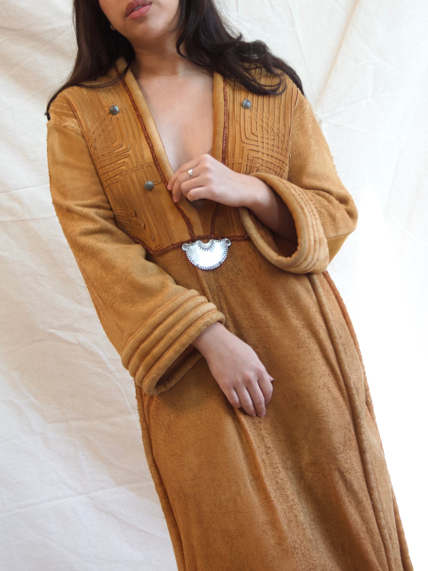 1970s OOAK Hippie Suede Leather Bell Sleeve Dress