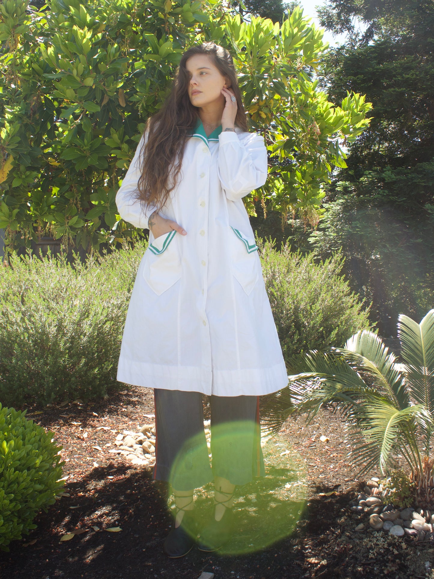 1940s Ivory & Green Accent Cotton Smock Blouse