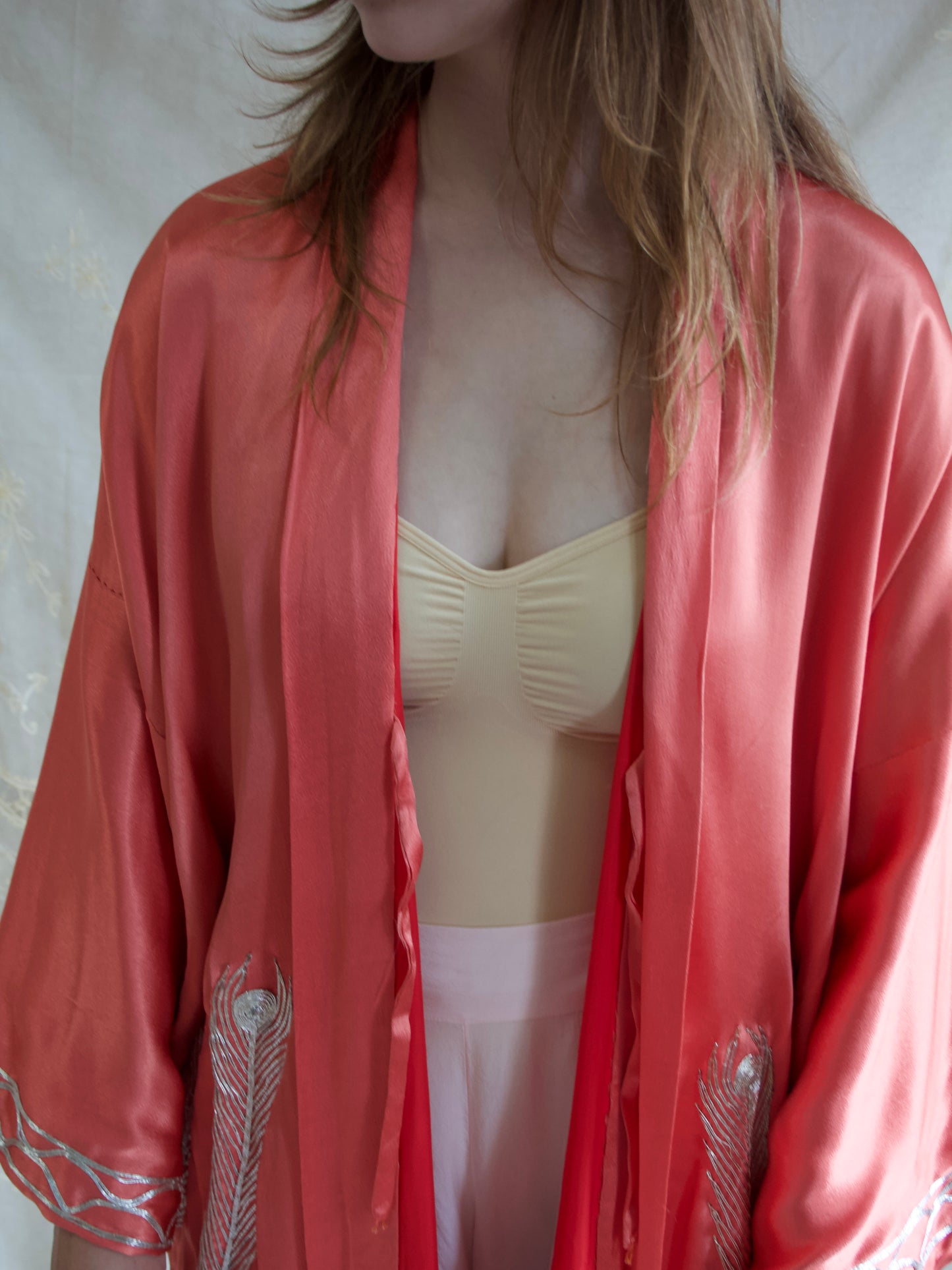 Rare 1940s Salmon Pink Gold Bullion Embroidered Peacock Robe