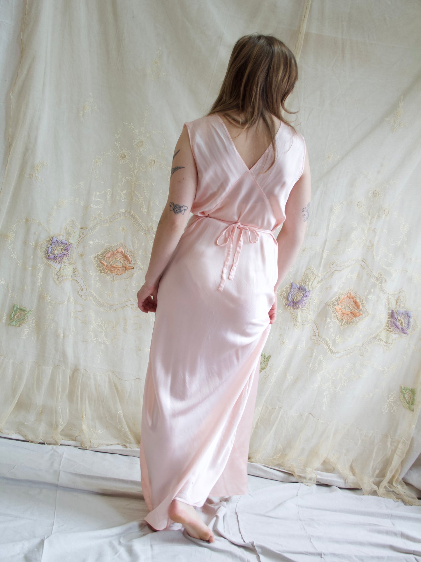 1940s Silk/Rayon Ballet Pink Floral Applique Bias Cut Slip Dress