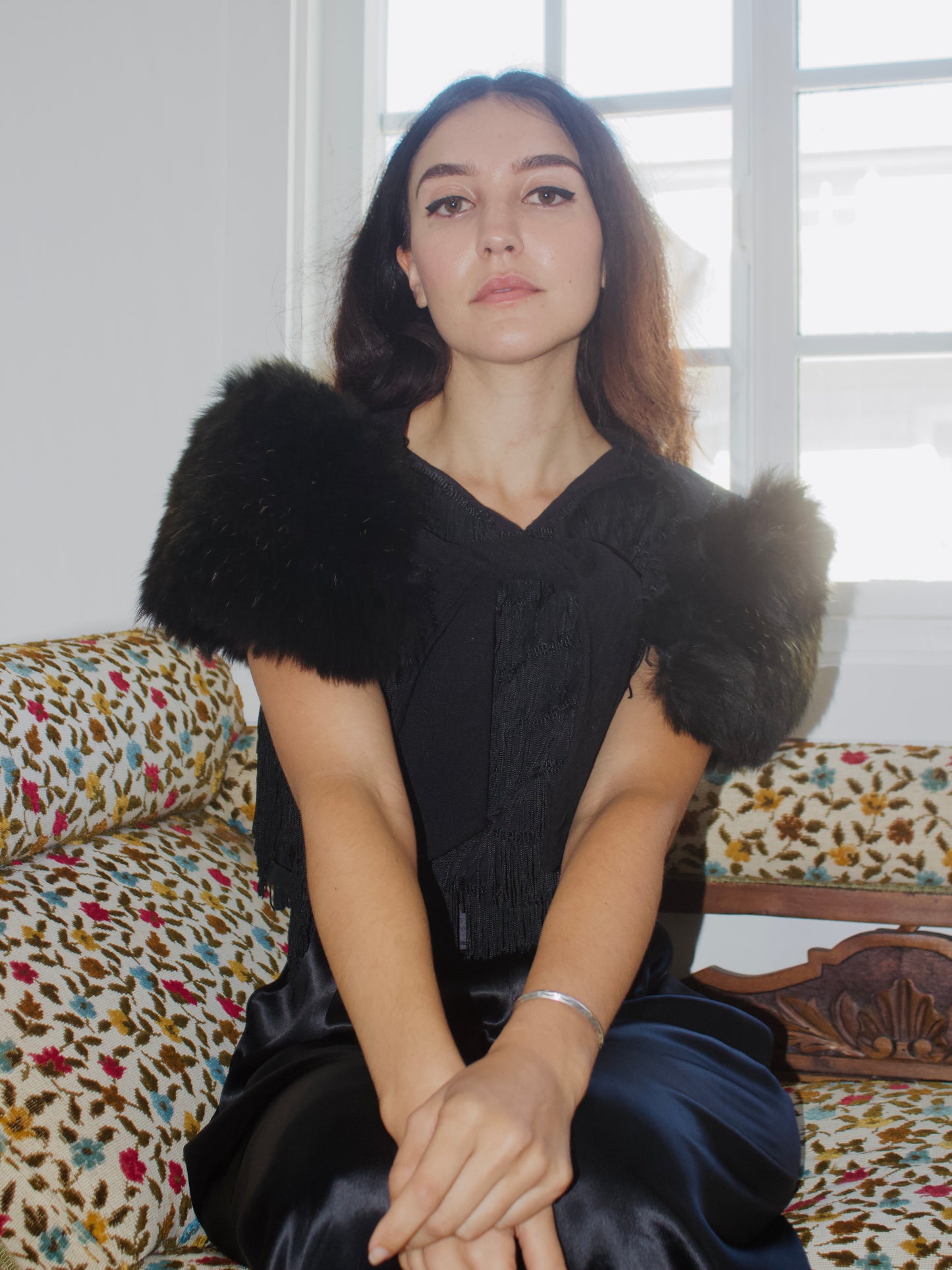1940s Fur and Wool Strong Shoulder Tie Front Stole