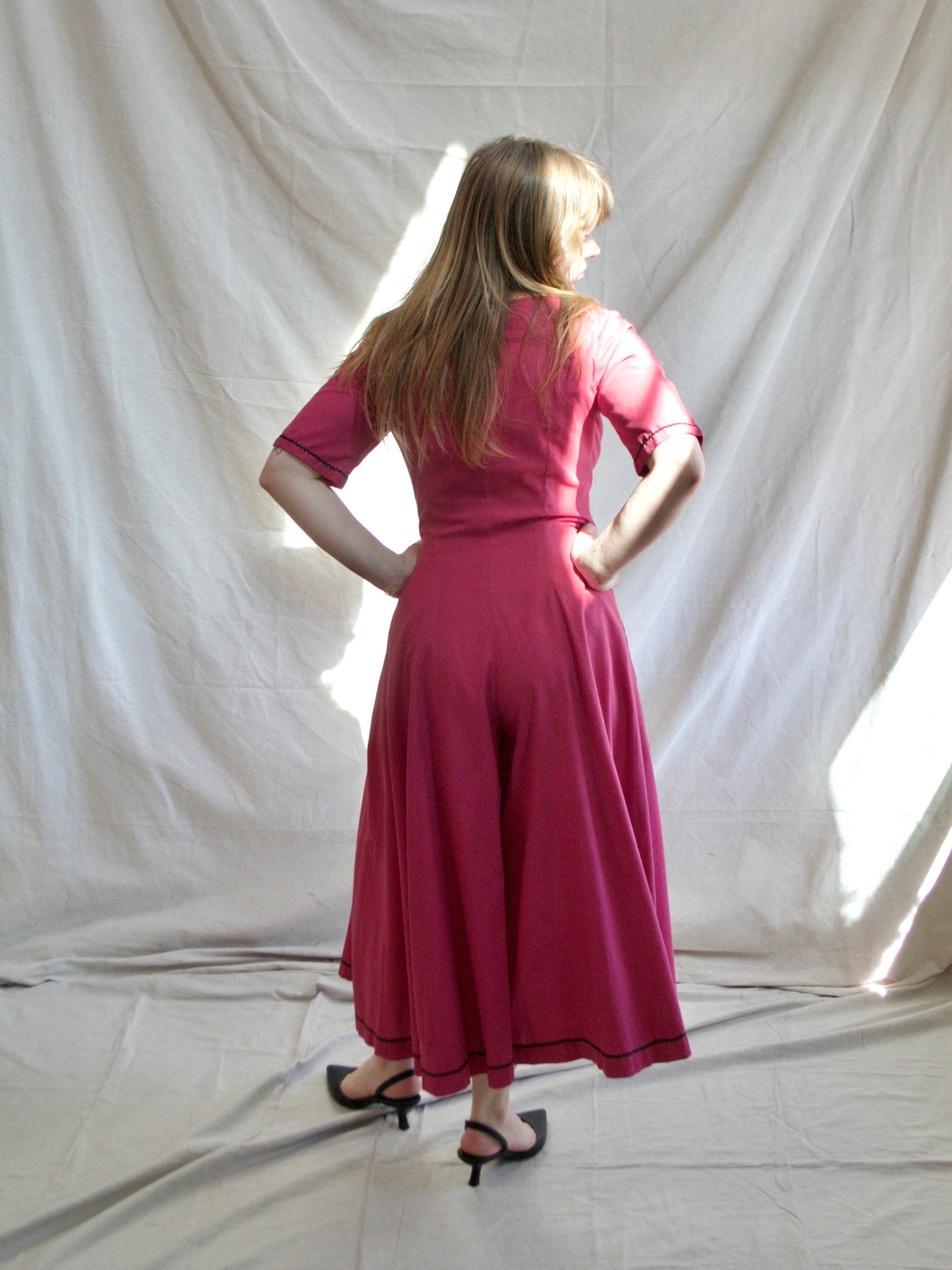 1940s Magenta Palazzo Pant Button Front Jumpsuit