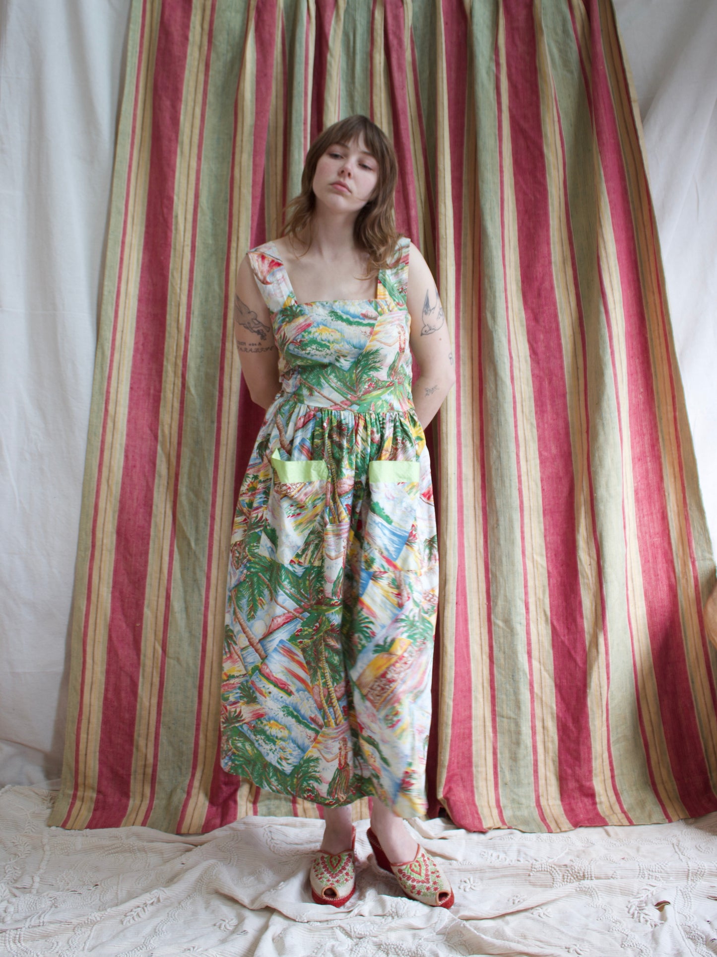 1940s 2 PC Hawaiian Print Cotton Sundress w* Chartreuse Bolero