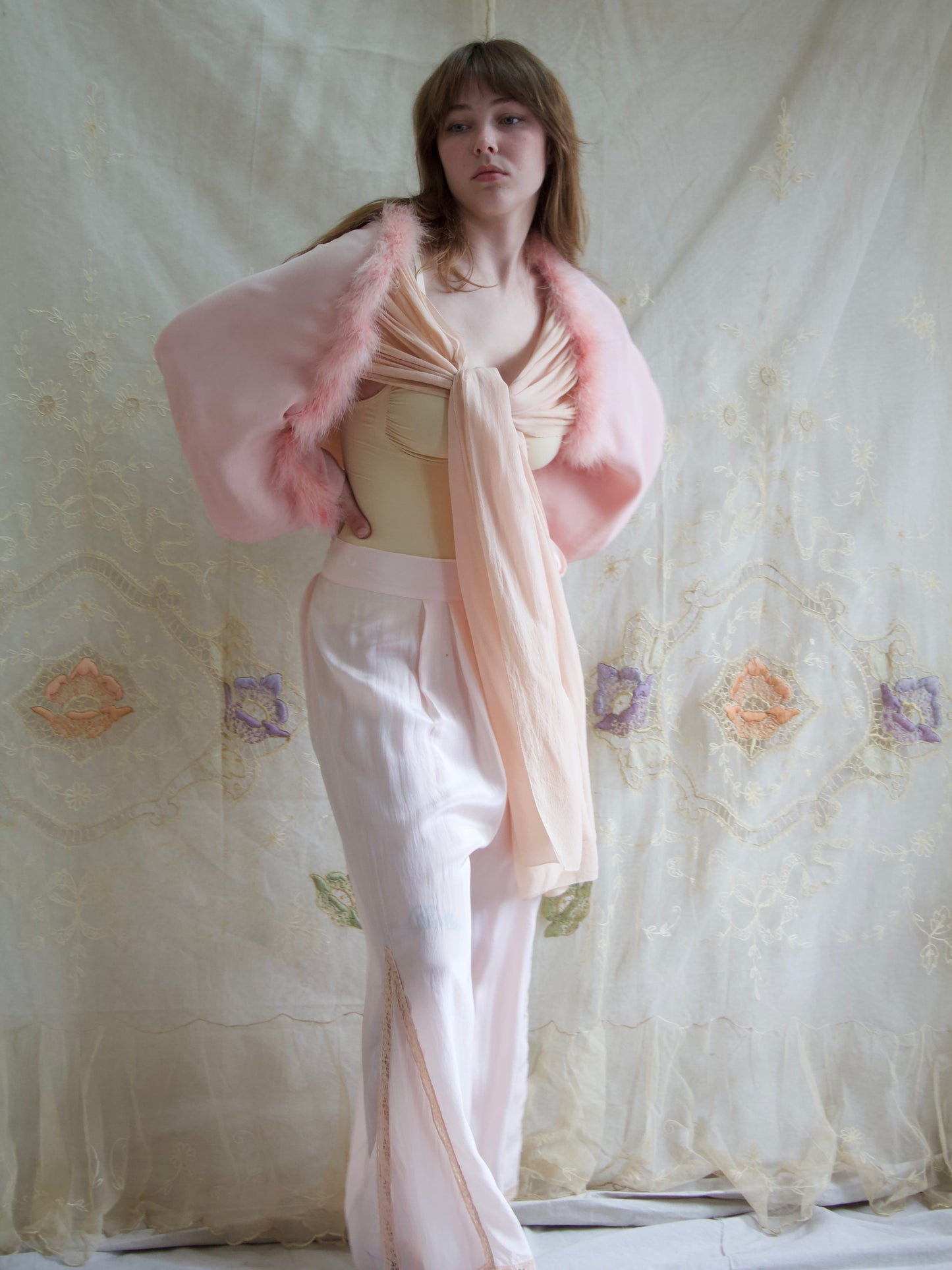 1930s Soft Pink Crepe, Chiffon & Marabou Trim Tie front Bolero