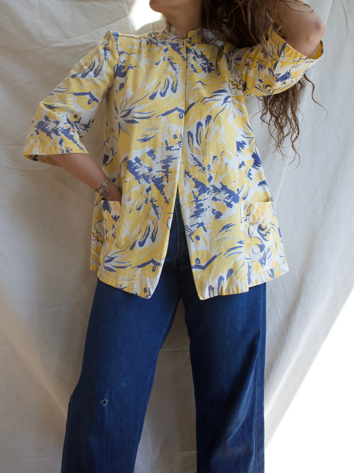 Rare 1940s Southwestern Print Cotton Twill Puff Sleeve Sportswear Smock Style Jacket