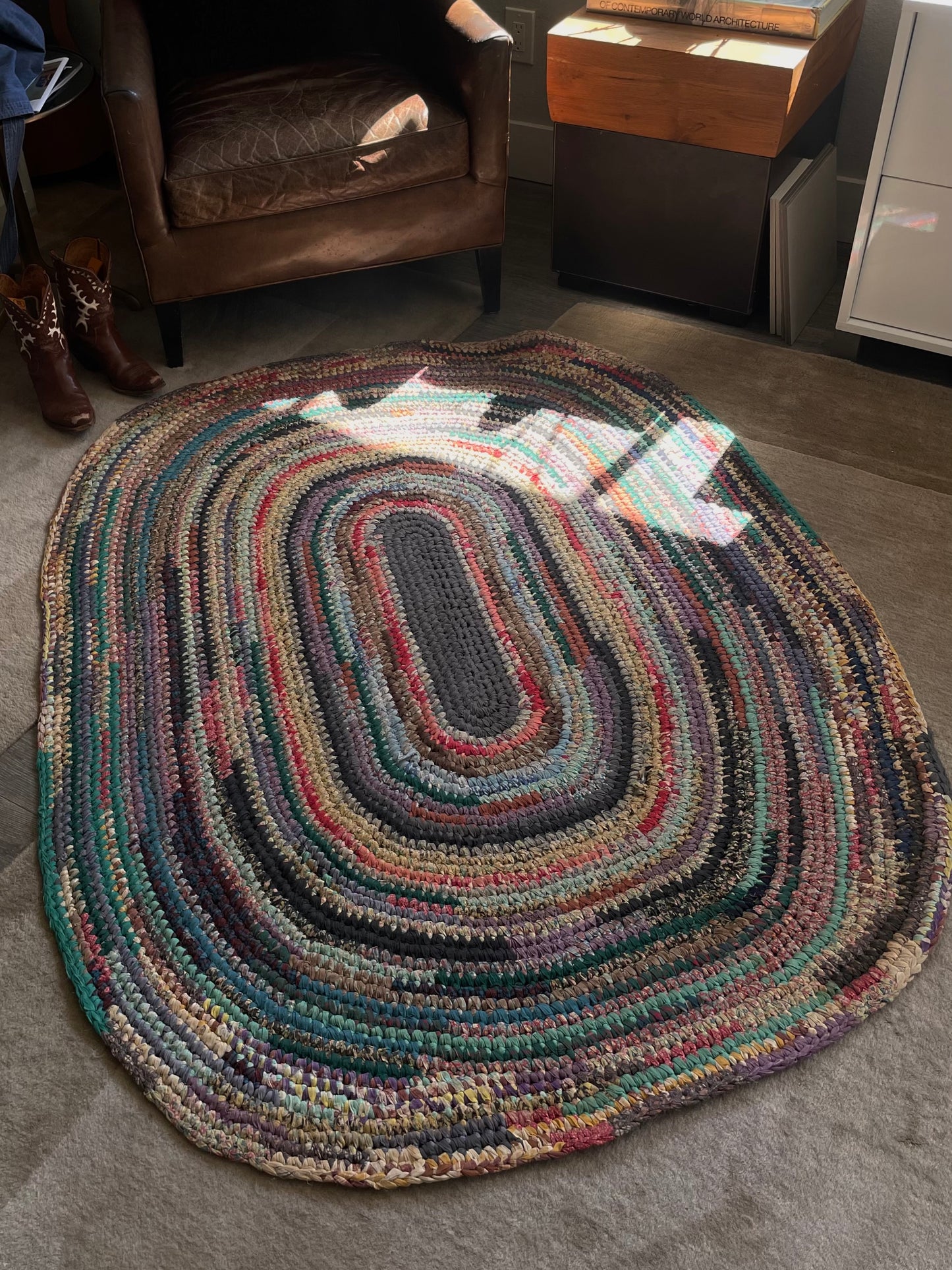 Depression Era Multi-Colored Feedsack Large Oval Area Rag Rug