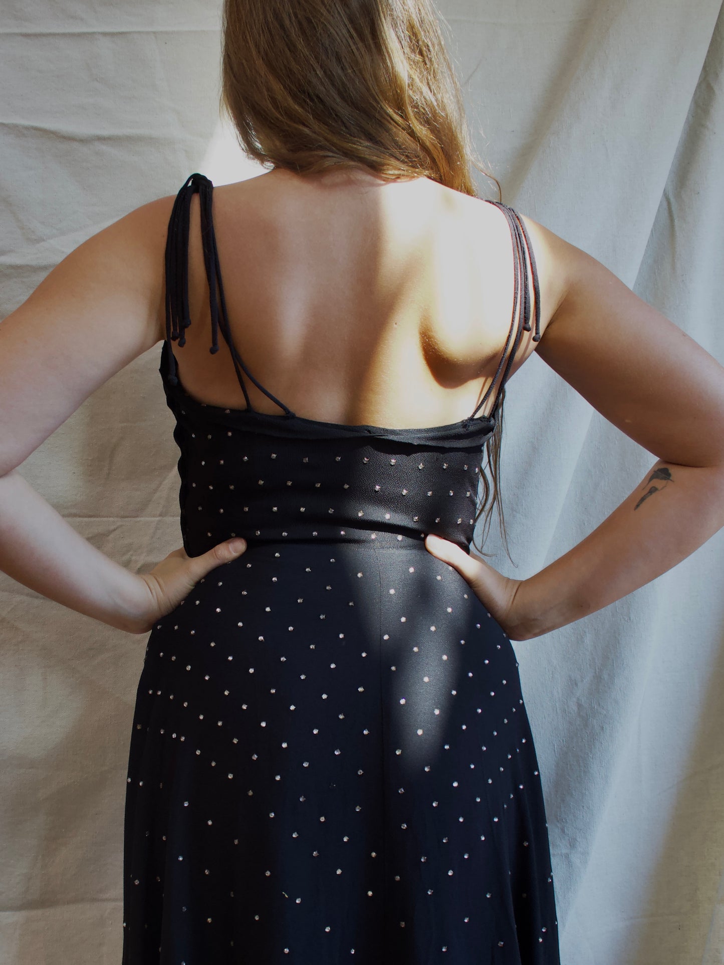 1930s Diamanté Rayon Crete Jet Black Tie Shoulder Gown