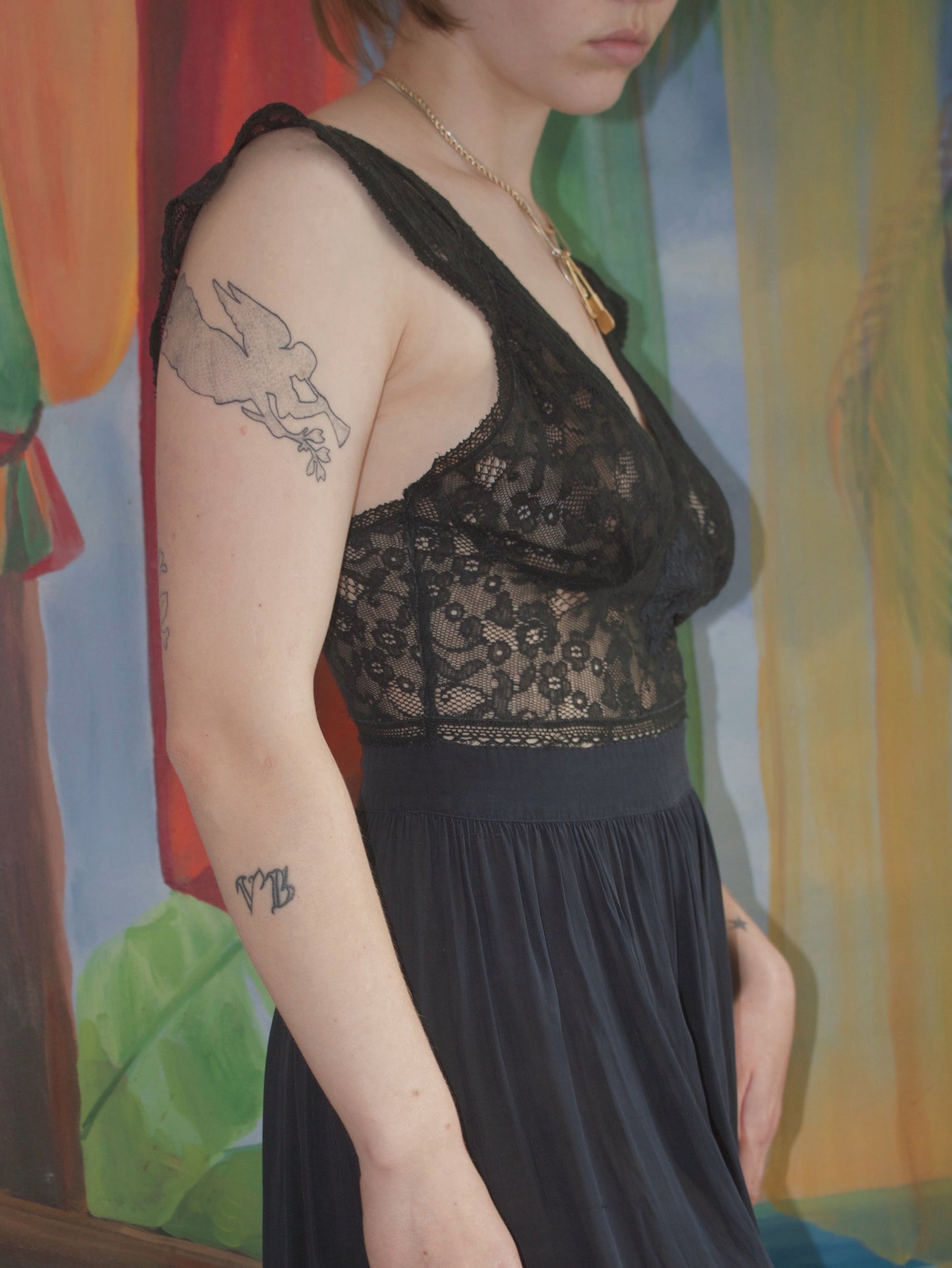 1930s Side Button Appliqué Lace & Silk Crepe Slip Dress