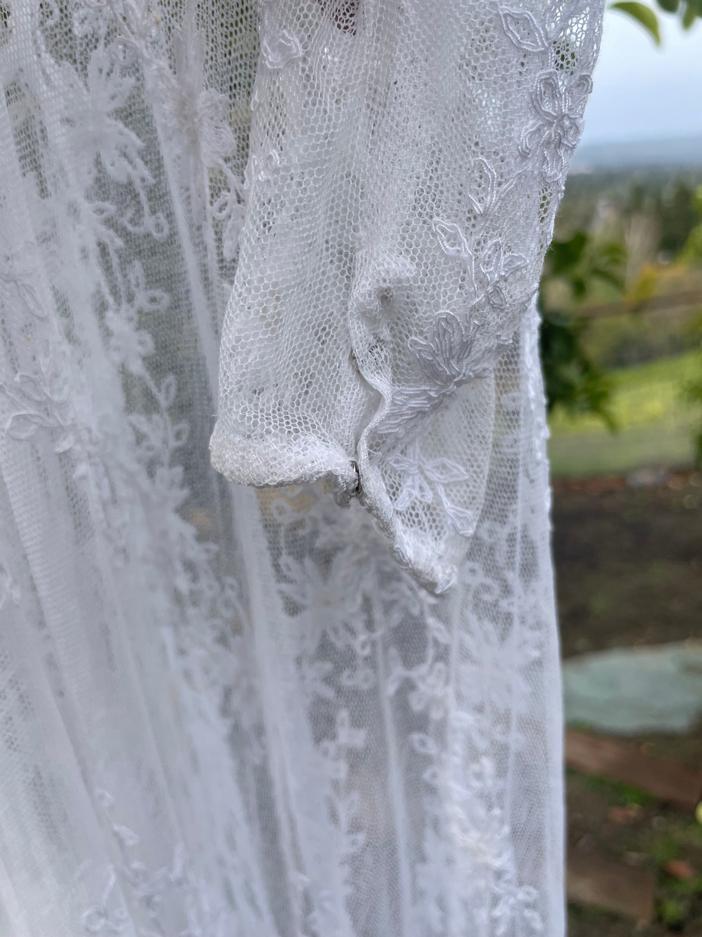 Edwardian Embroidered Net Lace Gigot Sleeve Bridal Gown