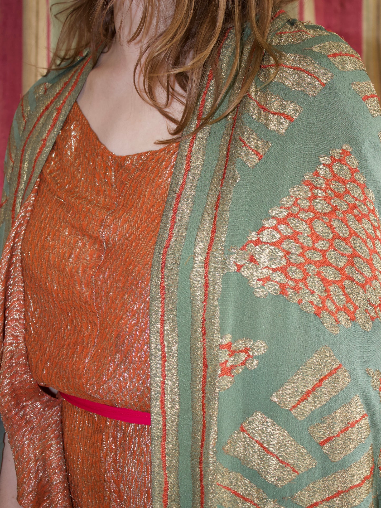 Antique 1920s Tangerine & Gold Lamé Chiffon Floor Length Trained Knotted Fringe Cape