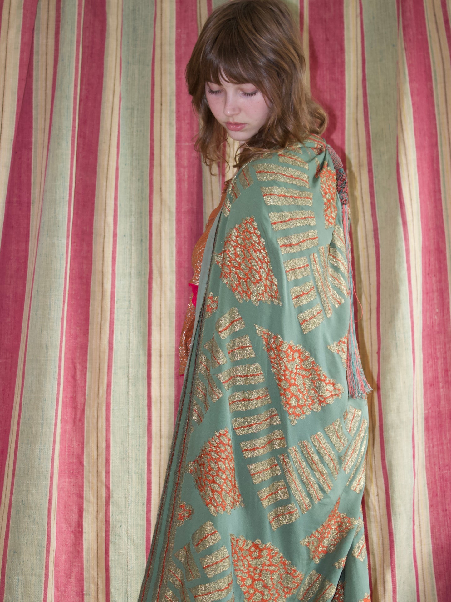 Antique 1920s Tangerine & Gold Lamé Chiffon Floor Length Trained Knotted Fringe Cape