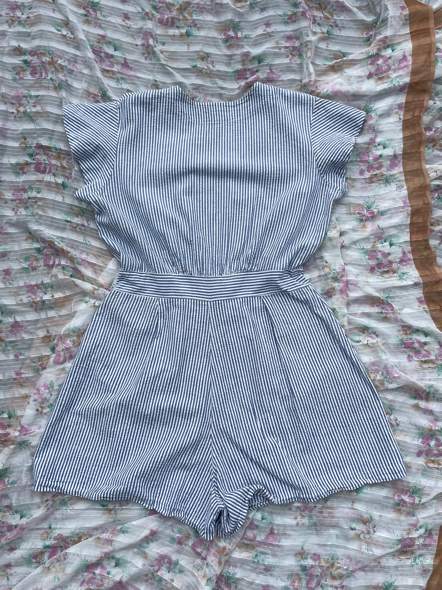1930s-1940s Striped Seersucker Cap Sleeve Playsuit