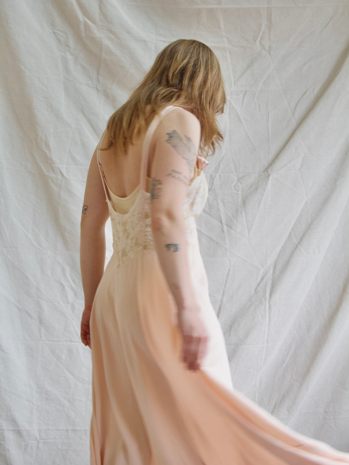 1930s Hand Sewn Bias Cut Silk Lace Floral Appliqués Slip Dress