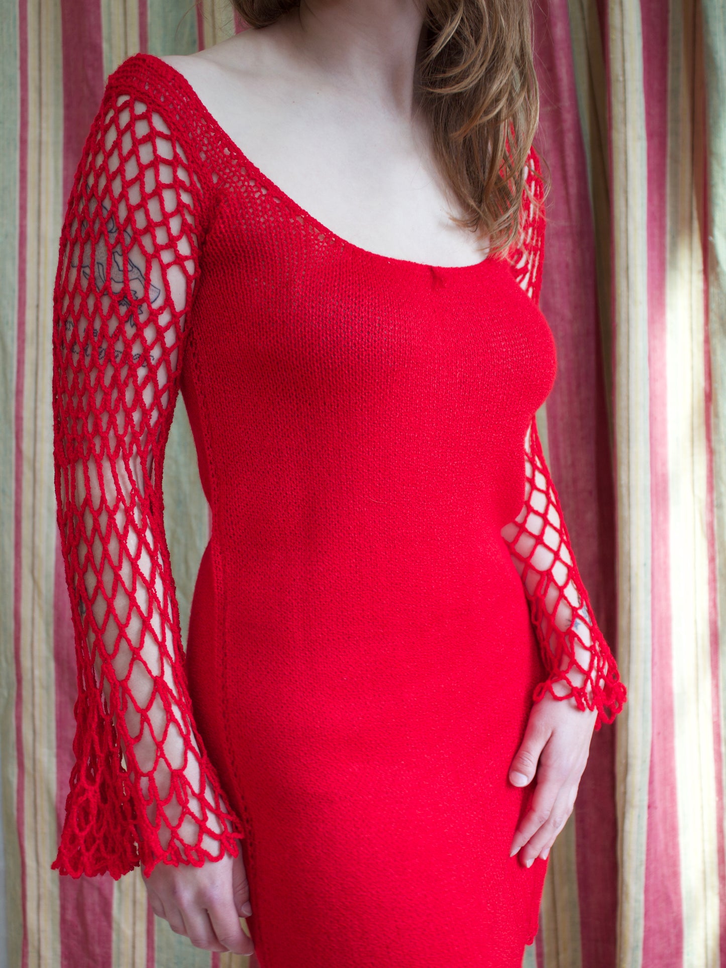 1970s Cherry Red Bell Sleeve Knit Mini Dress