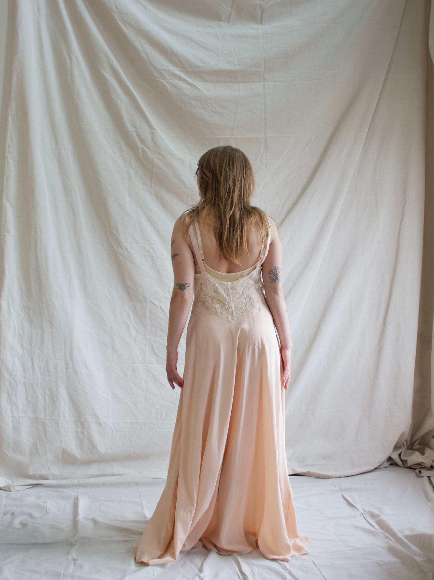 1930s Hand Sewn Bias Cut Silk Lace Floral Appliqués Slip Dress