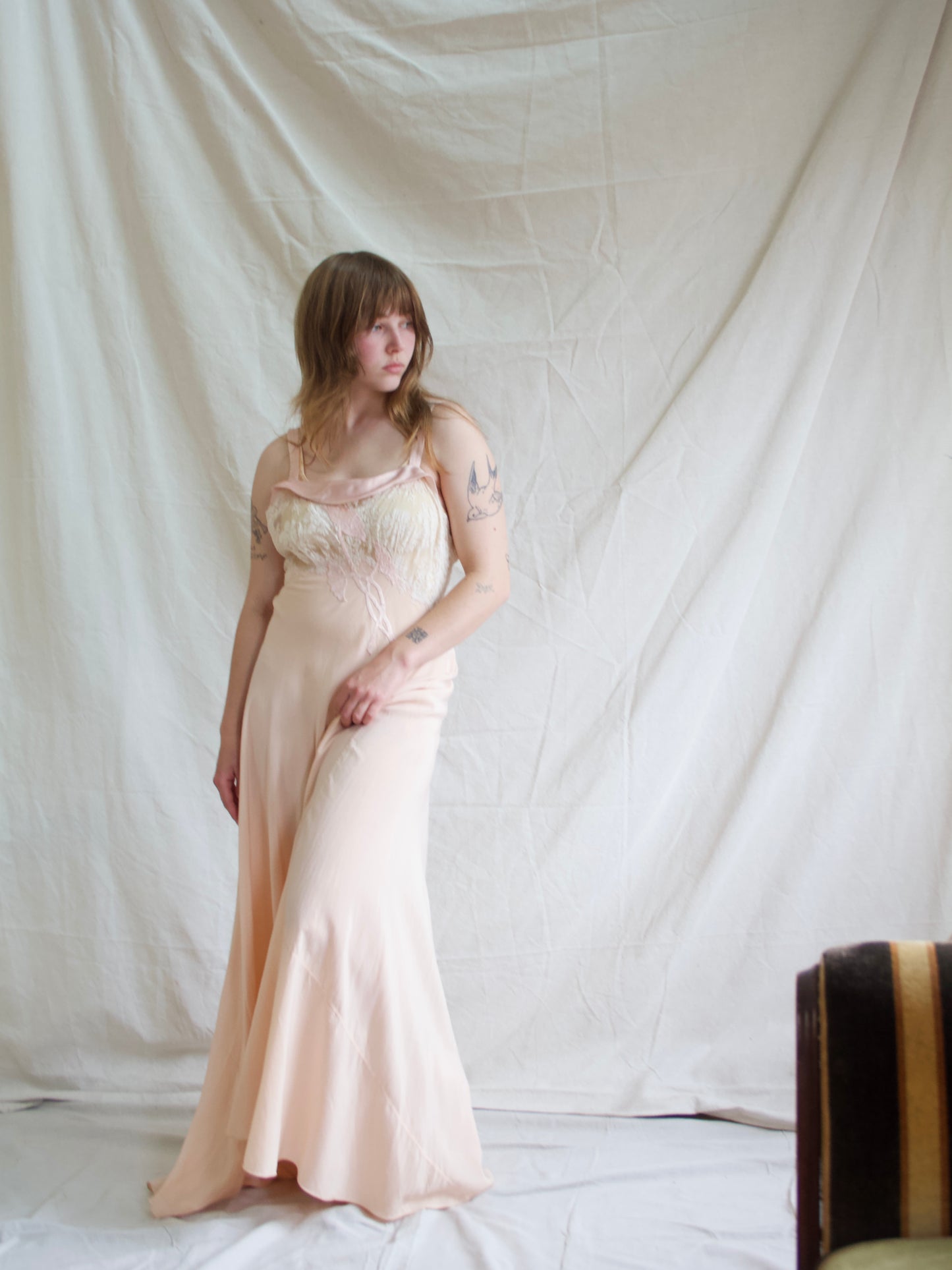 1930s Hand Sewn Bias Cut Silk Lace Floral Appliqués Slip Dress