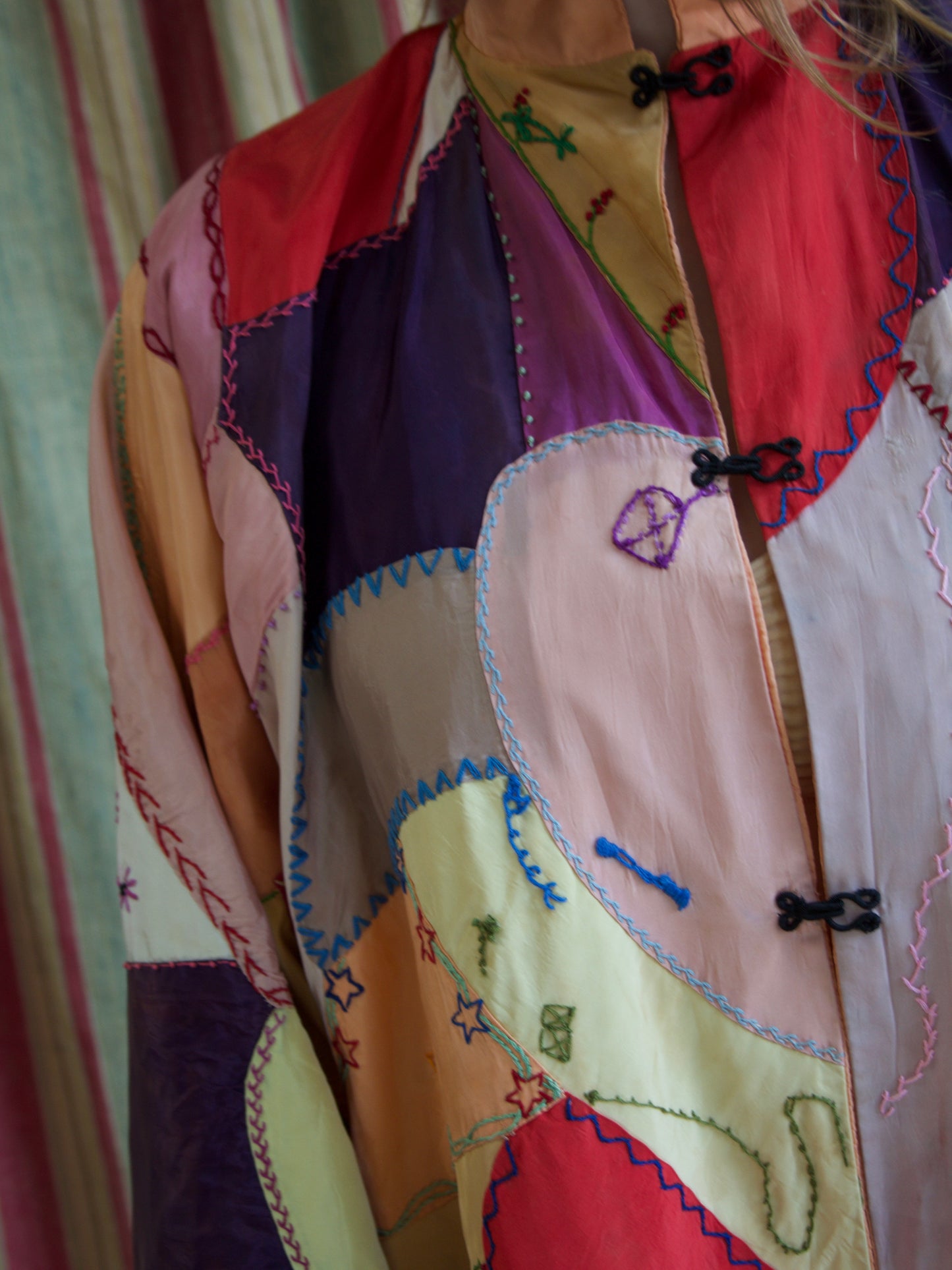 1940s Neon Rayon Crazy Quilt Bell Sleeve Tunic Style Jacket