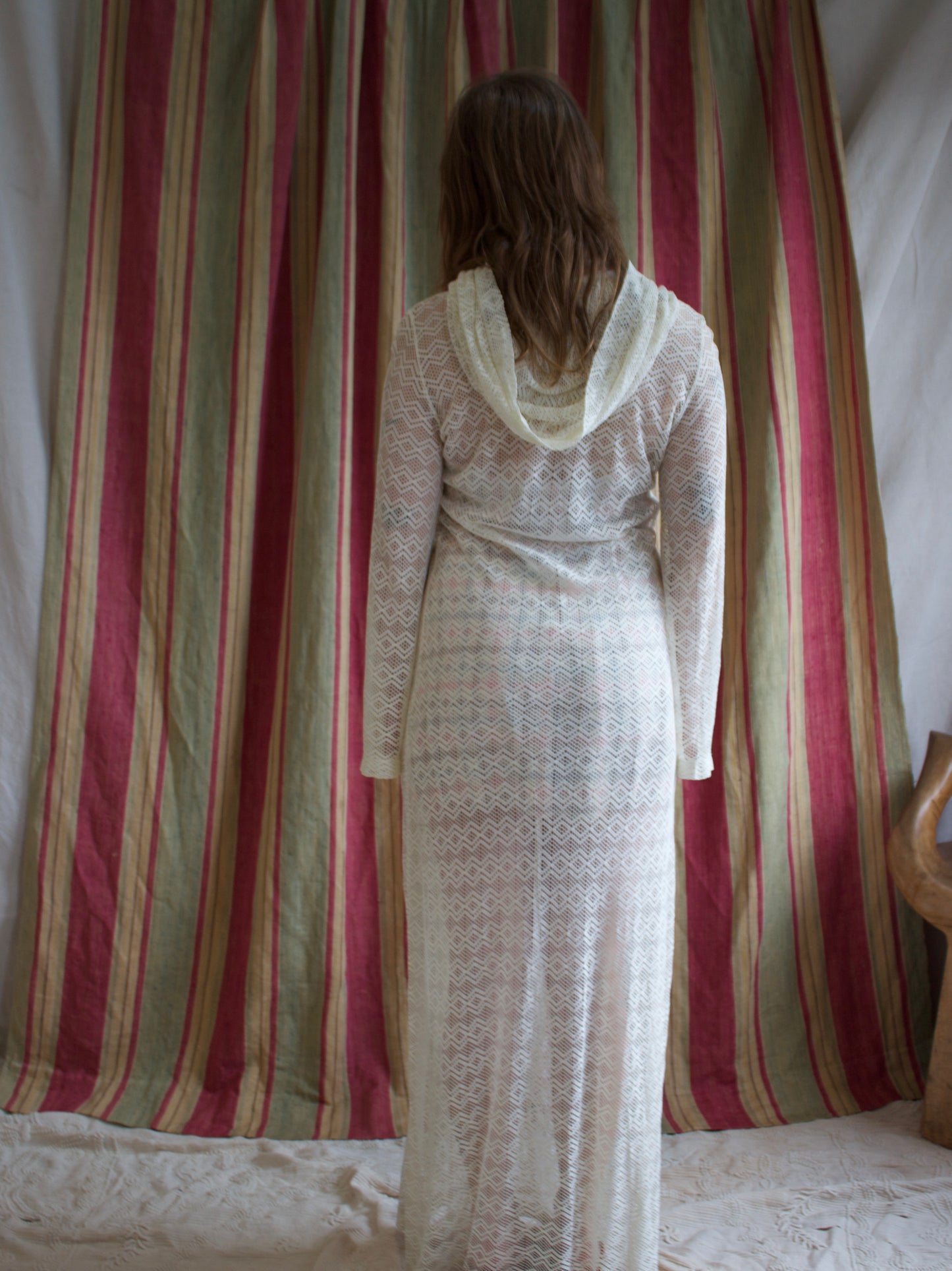 1950s Zip Front Open Knit Weave Hooded Bell Sleeve Beach Dress