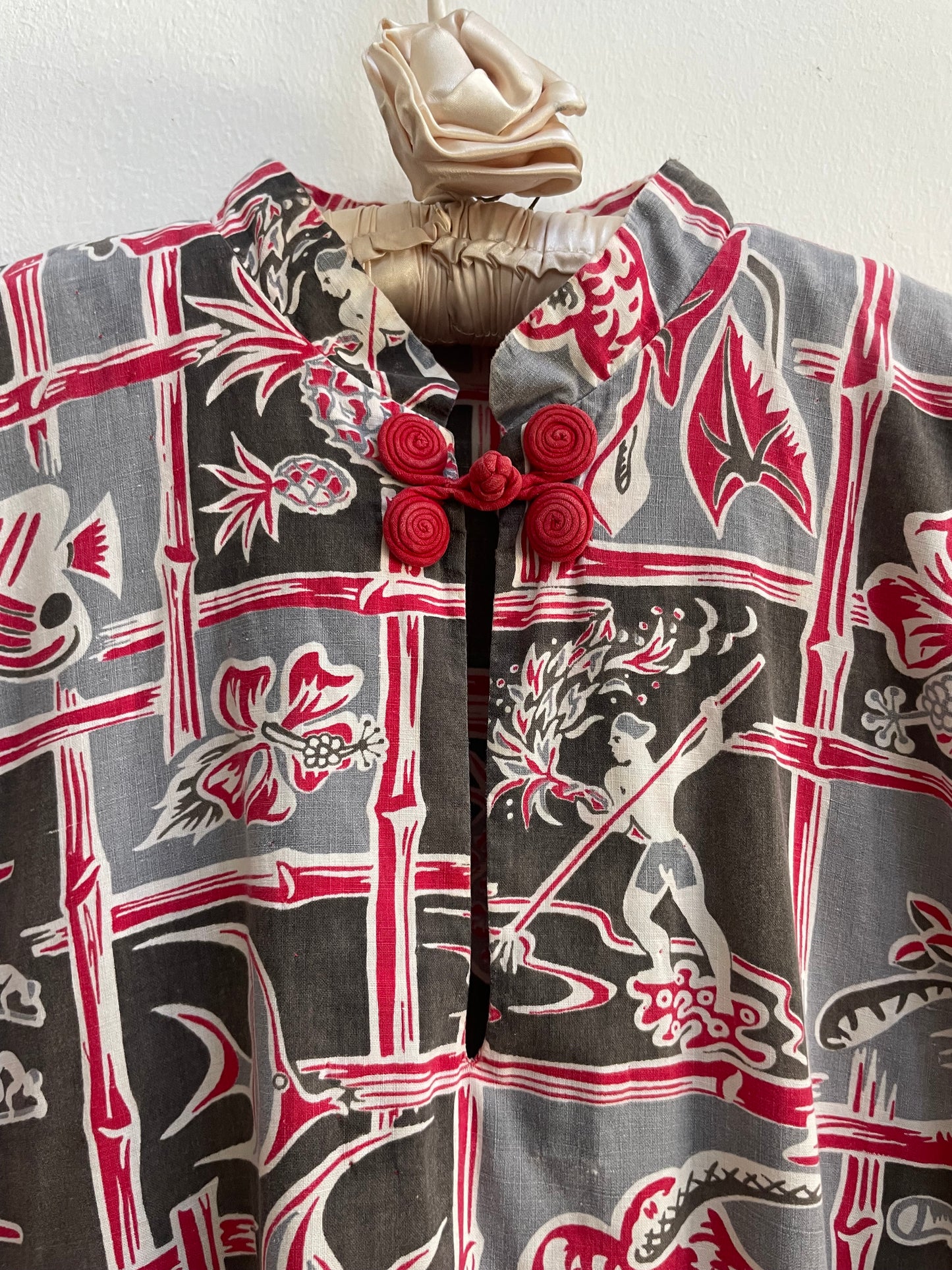 1930s Hawaiian Surf Print Cotton Mandarin Collar Dress