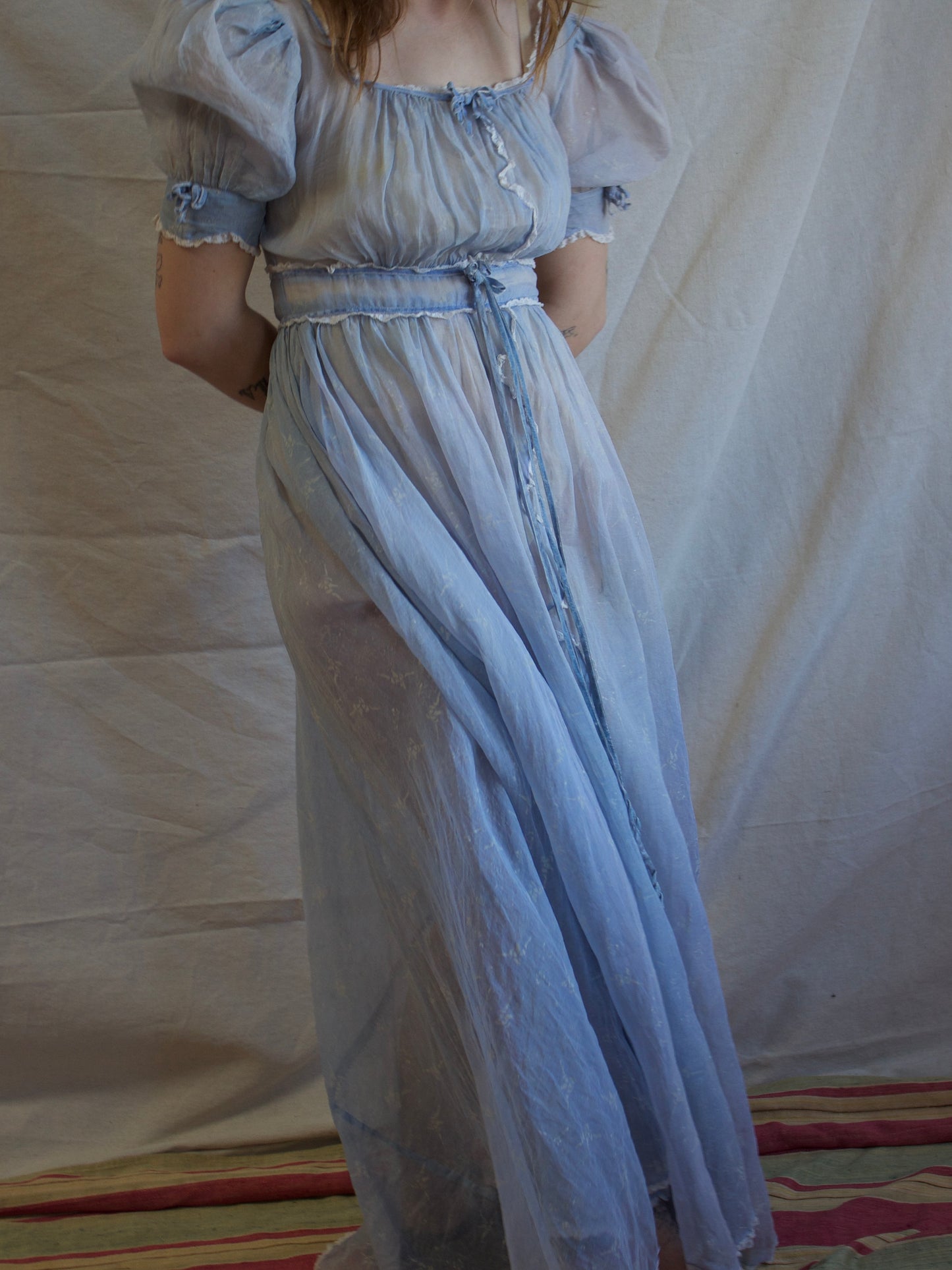 1940s Novelty Print Organza Puff Sleeve Ice Blue Dress