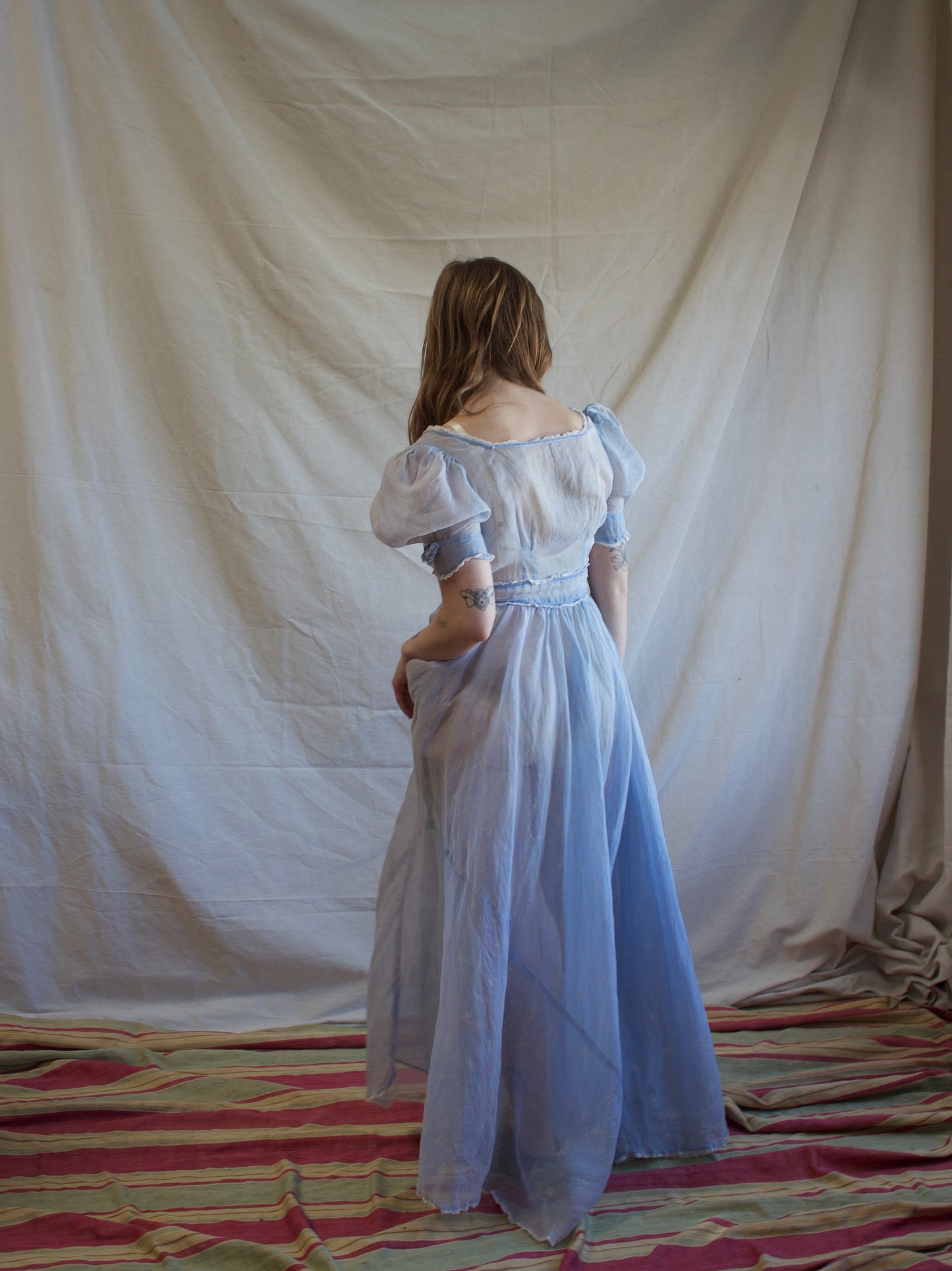 1940s Novelty Print Organza Puff Sleeve Ice Blue Dress
