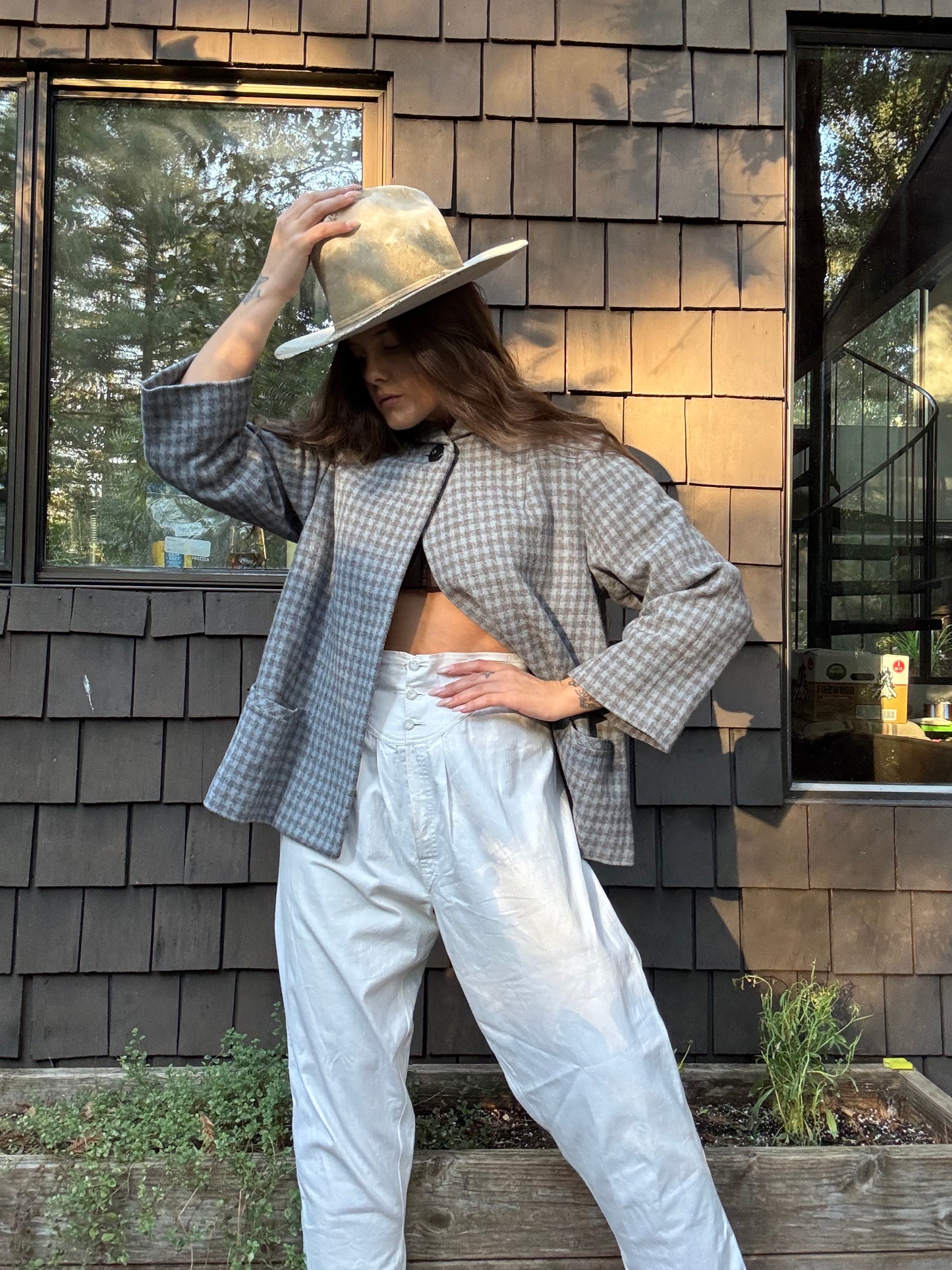 1940s Gingham Wool Bell Sleeve Swing Coat