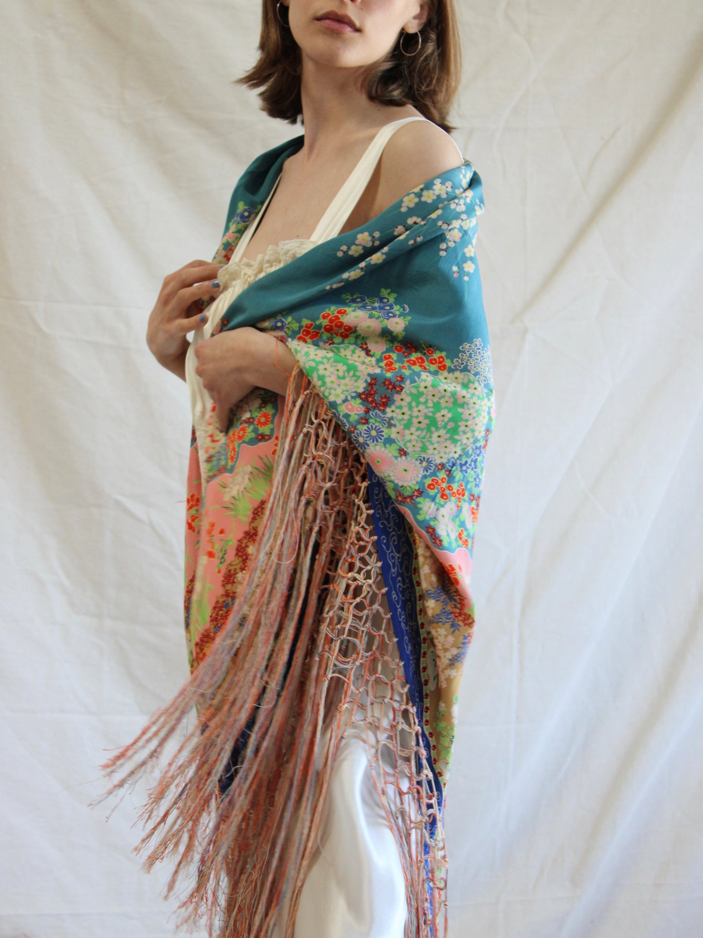 Antique 1920s Japanese Florals Printed Silk Knotted Fringe Shawl