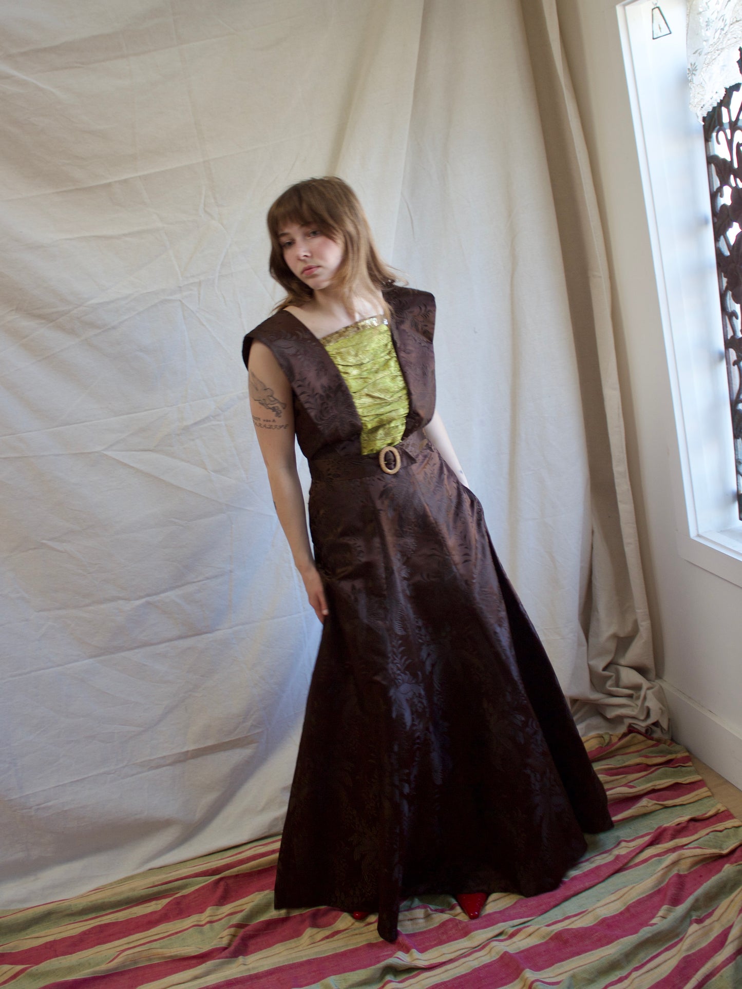 1930s Silk Satin Jacquard & Lamé Sequin Trim Gown