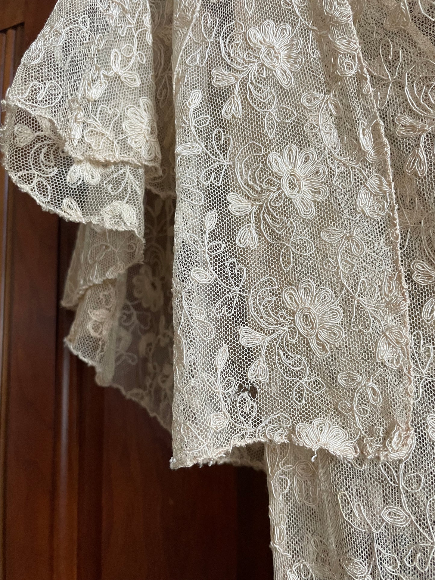 1930s Three Piece Ecru Tambour Lace Flutter Sleeve Gown