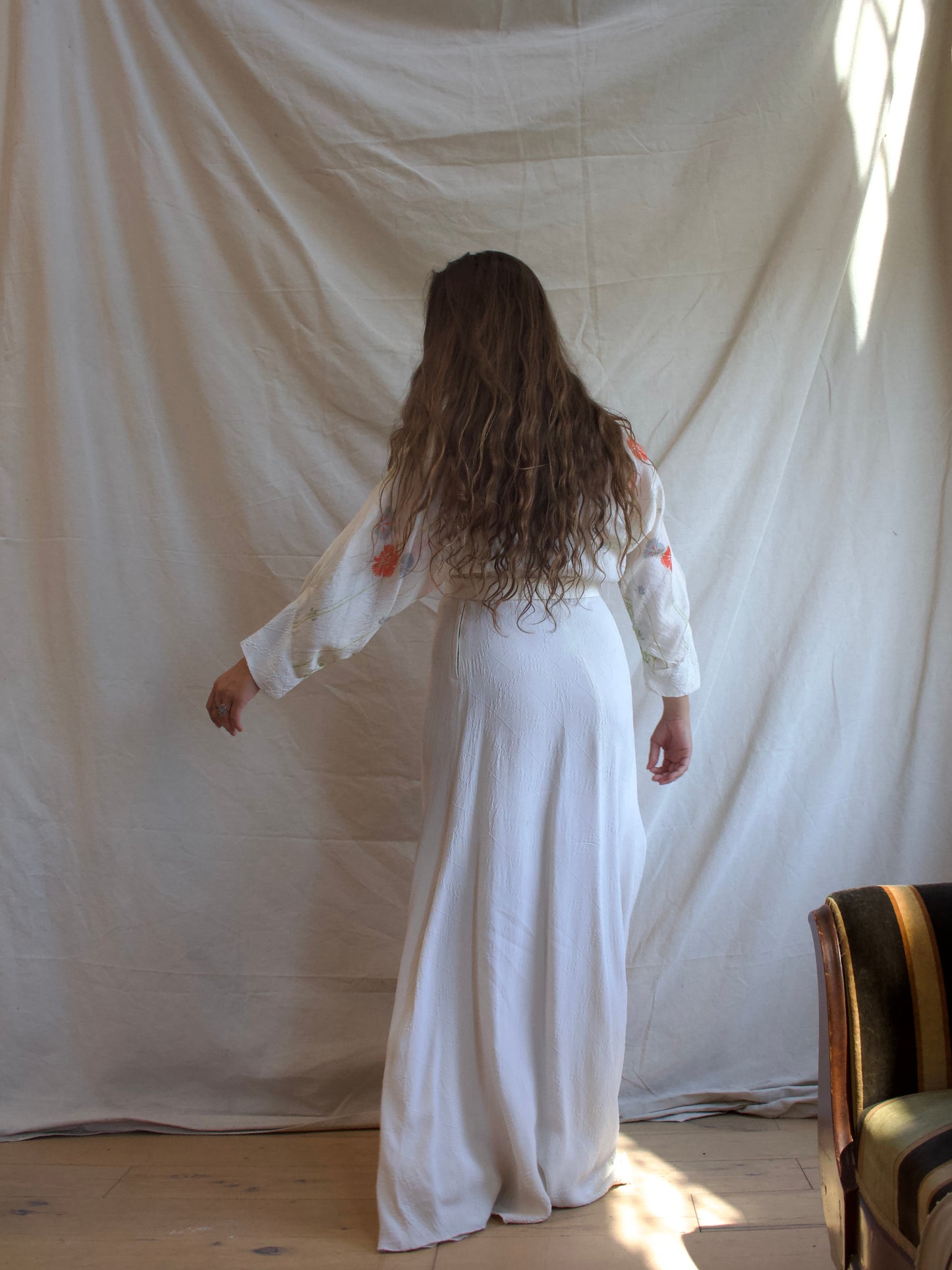 1930s Ivory Crepe & Floral Silk Dolman Sleeve Gown