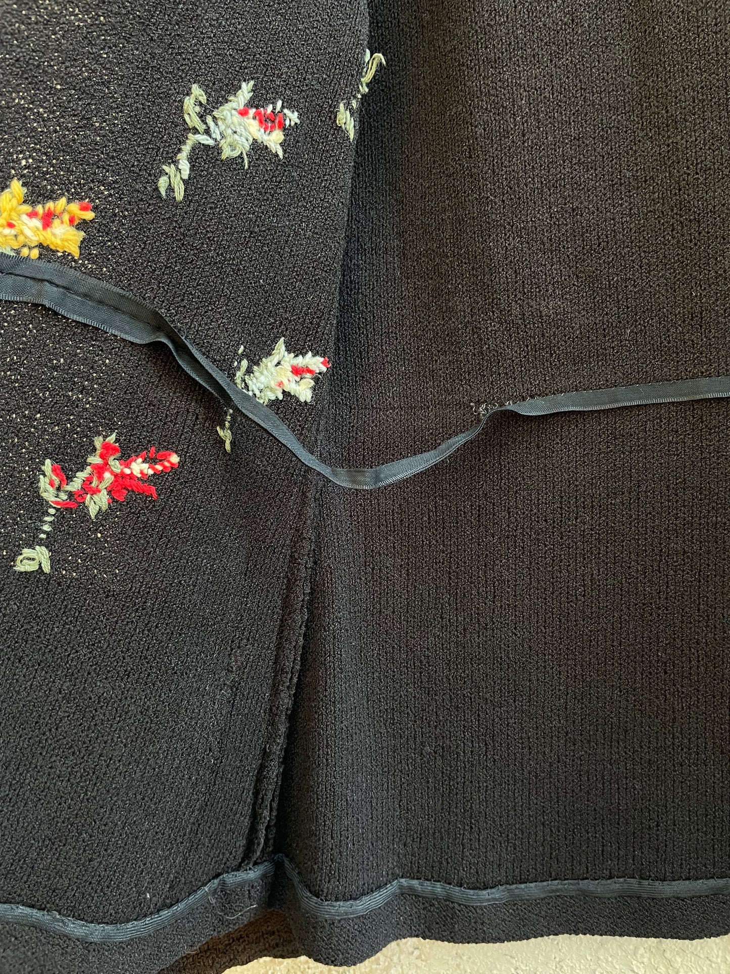 1920s Belgian Cotton Knit Hand Embroidered Floral Pocket Cardigan