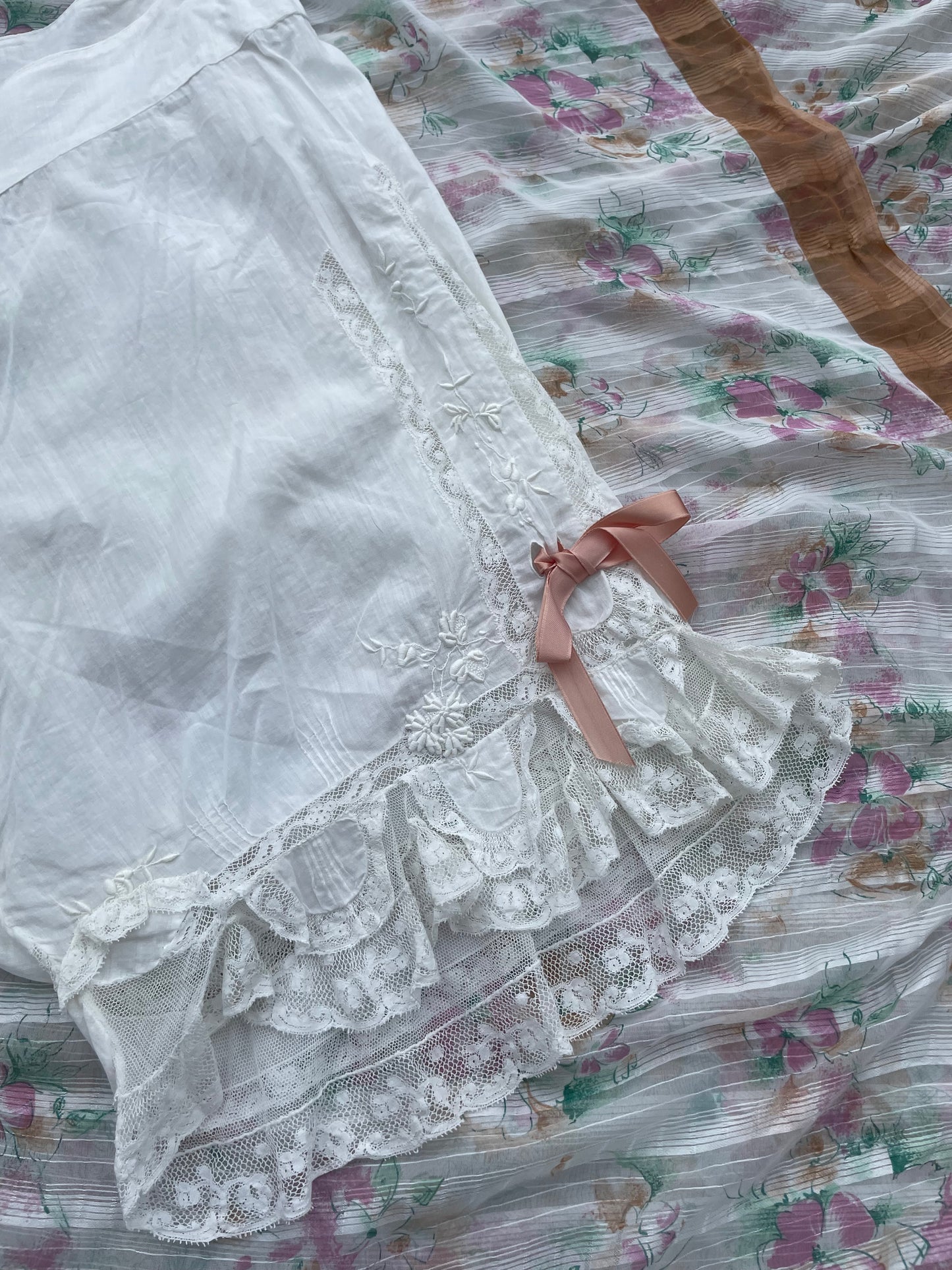 Edwardian Embroidered Cotton Insertion Lace Ruffle Hem Bloomers