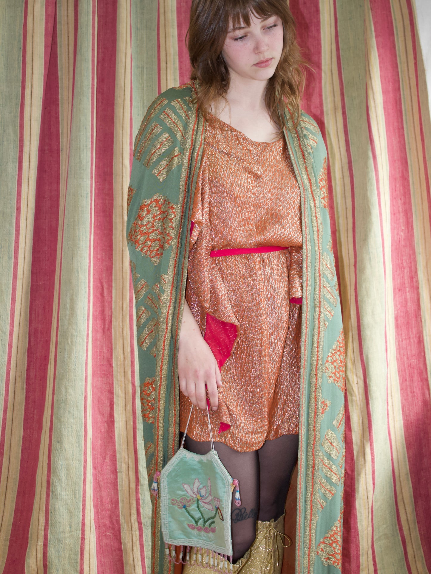 Antique 1920s Tangerine & Gold Lamé Chiffon Floor Length Trained Knotted Fringe Cape