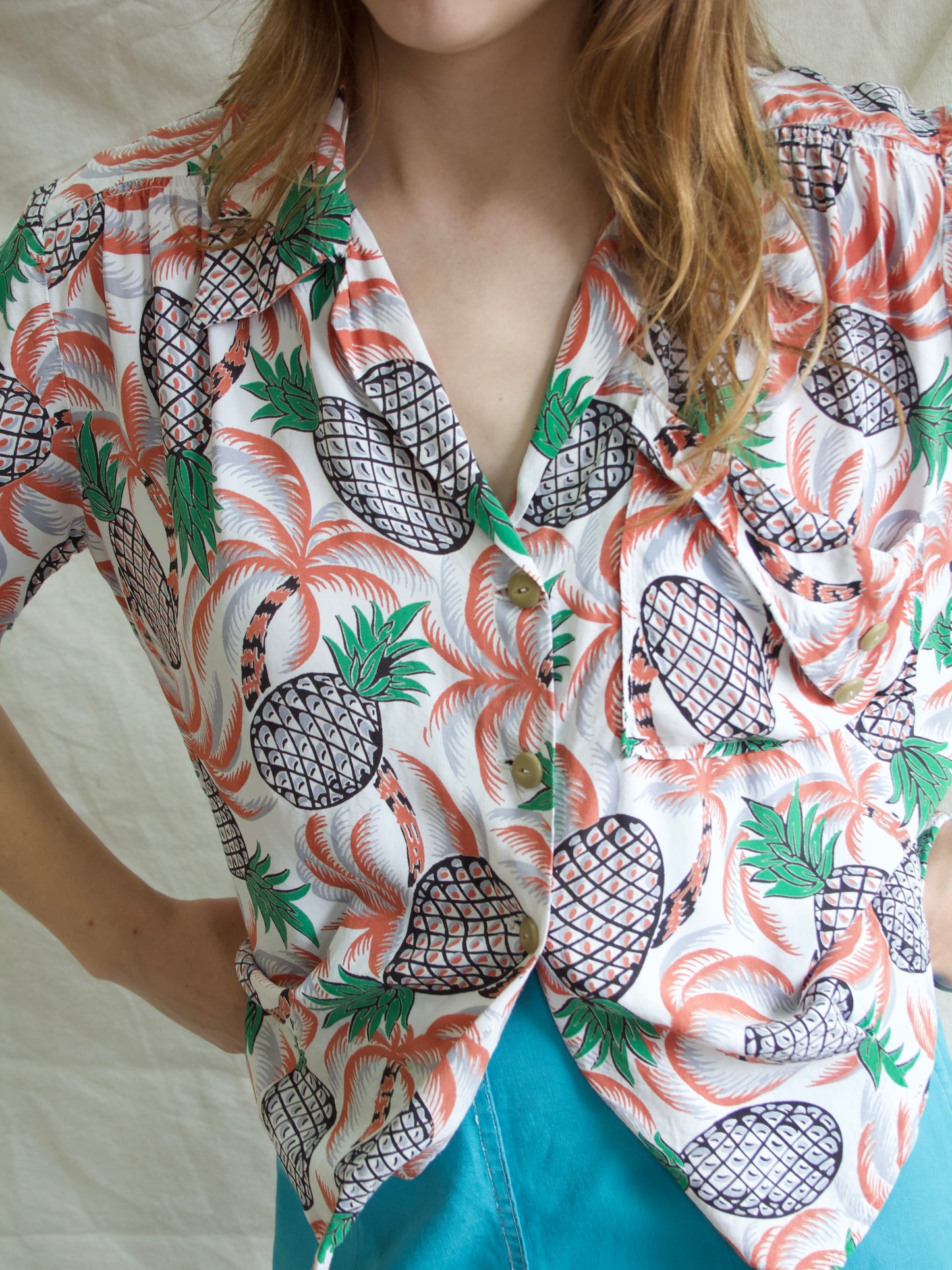 1940s Cold Rayon Aloha Pineapple Front Hawaiian Women's Shirt