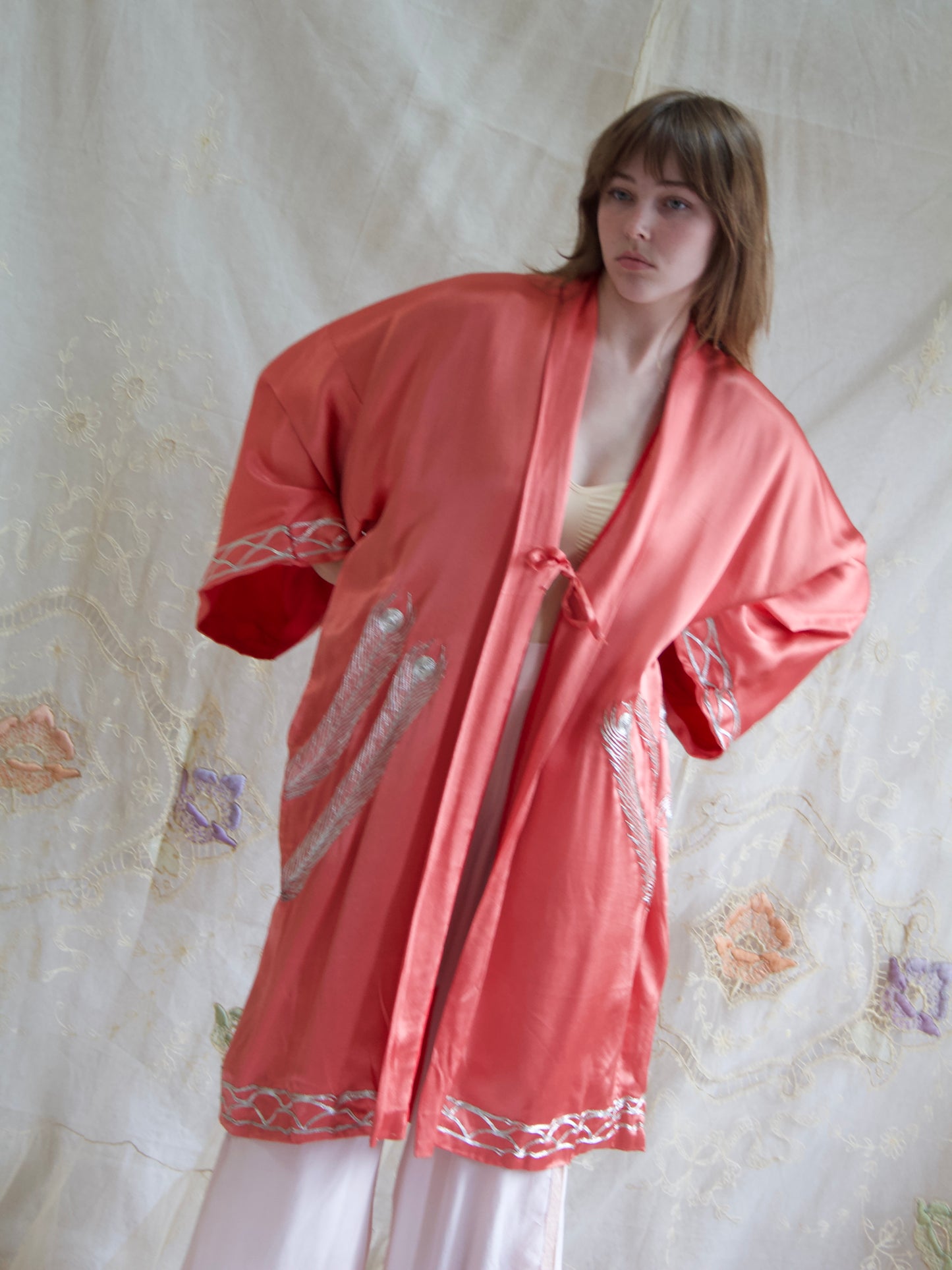 Rare 1940s Salmon Pink Gold Bullion Embroidered Peacock Robe