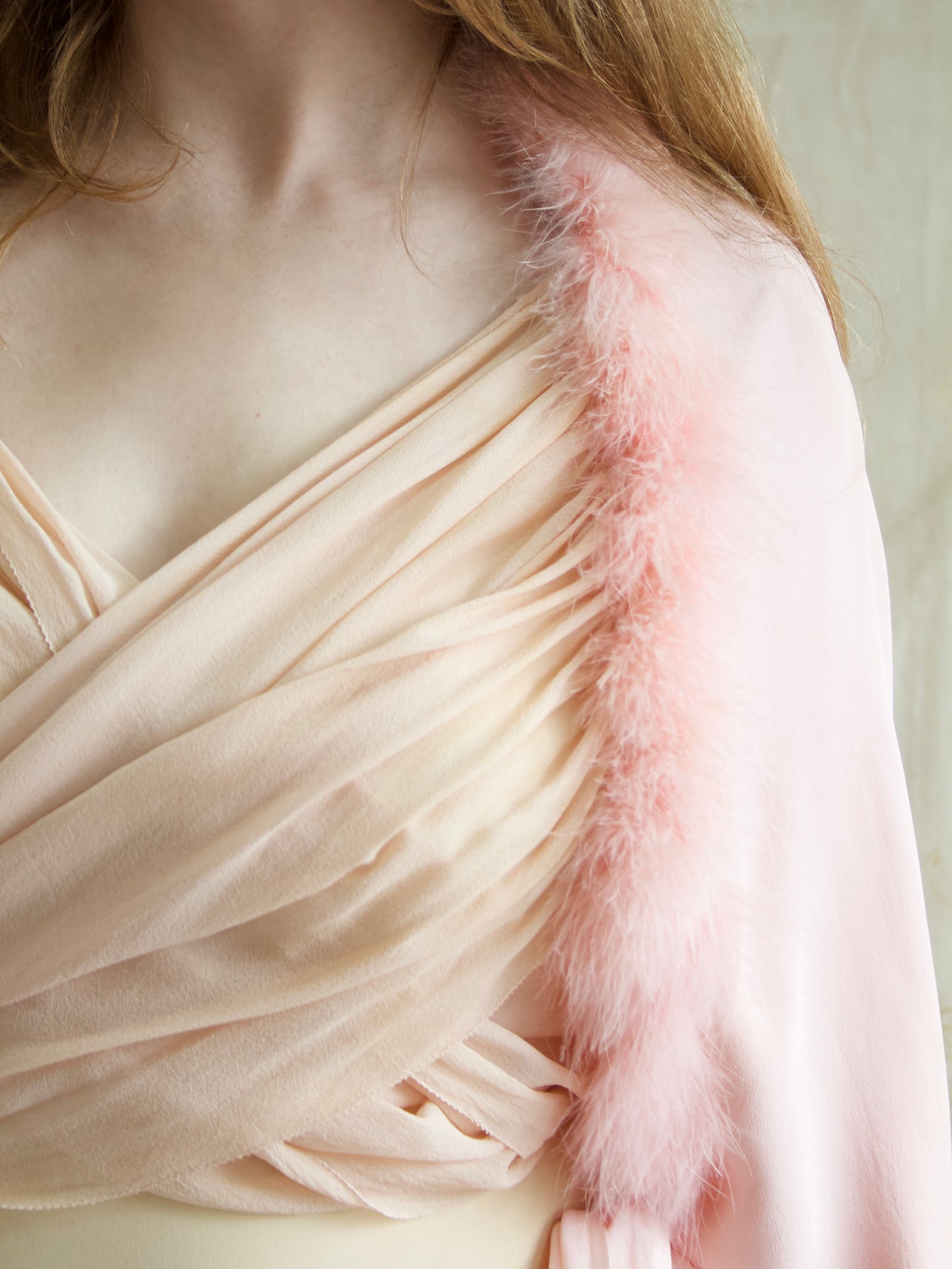 1930s Soft Pink Crepe, Chiffon & Marabou Trim Tie front Bolero