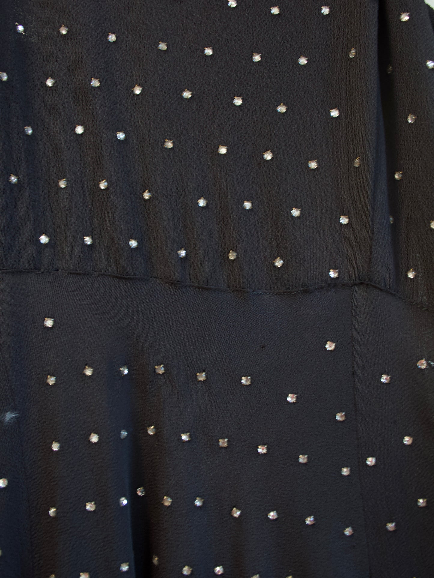 1930s Diamanté Rayon Crete Jet Black Tie Shoulder Gown
