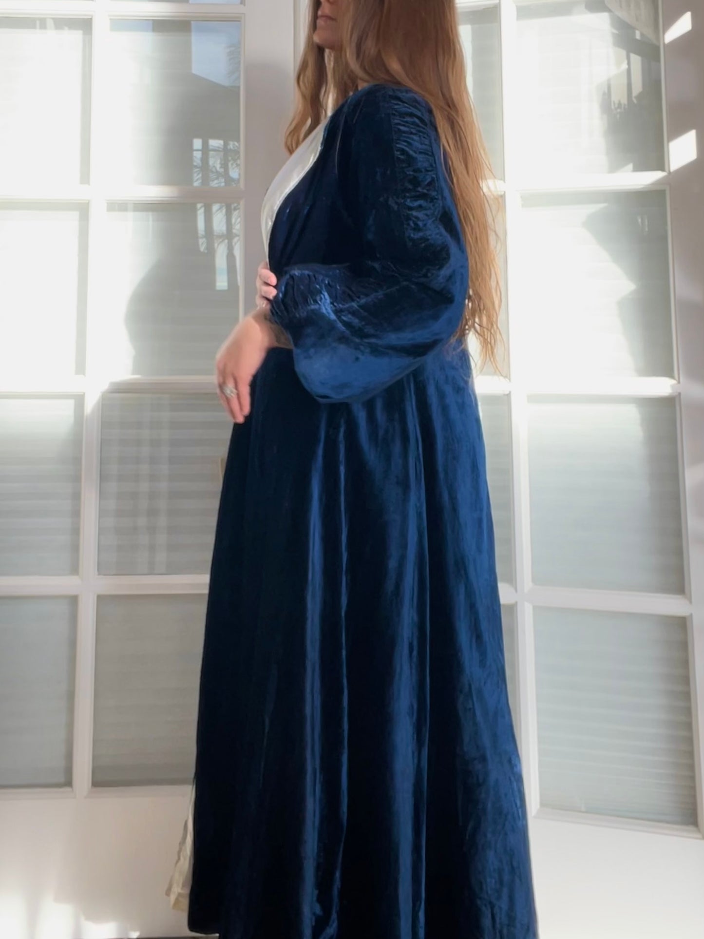 1940s Navy Velvet Bishop Sleeve Robe Style Coat