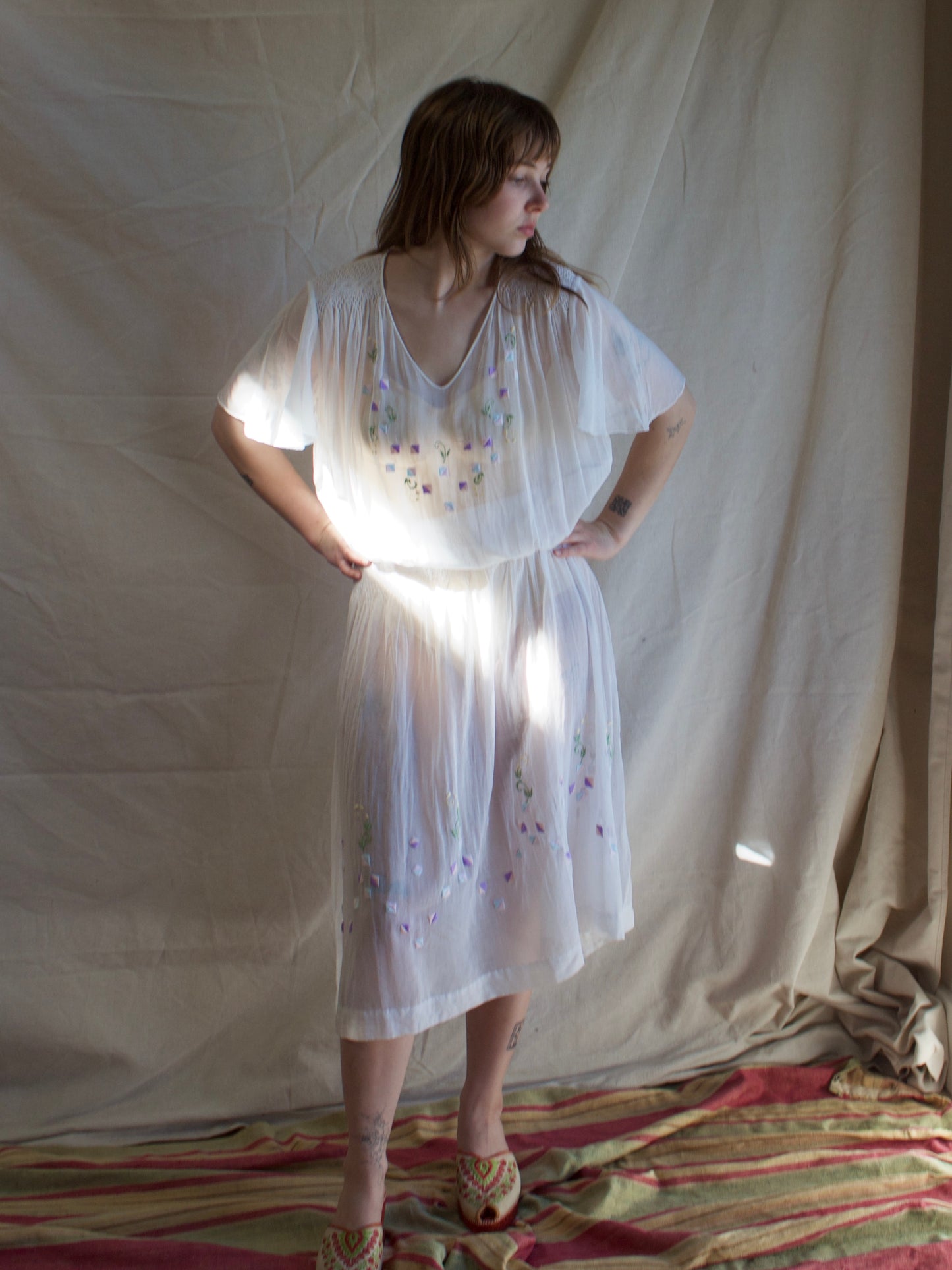Antique 1920s Smocked Folk Flutter Sleeve Peasant Dress