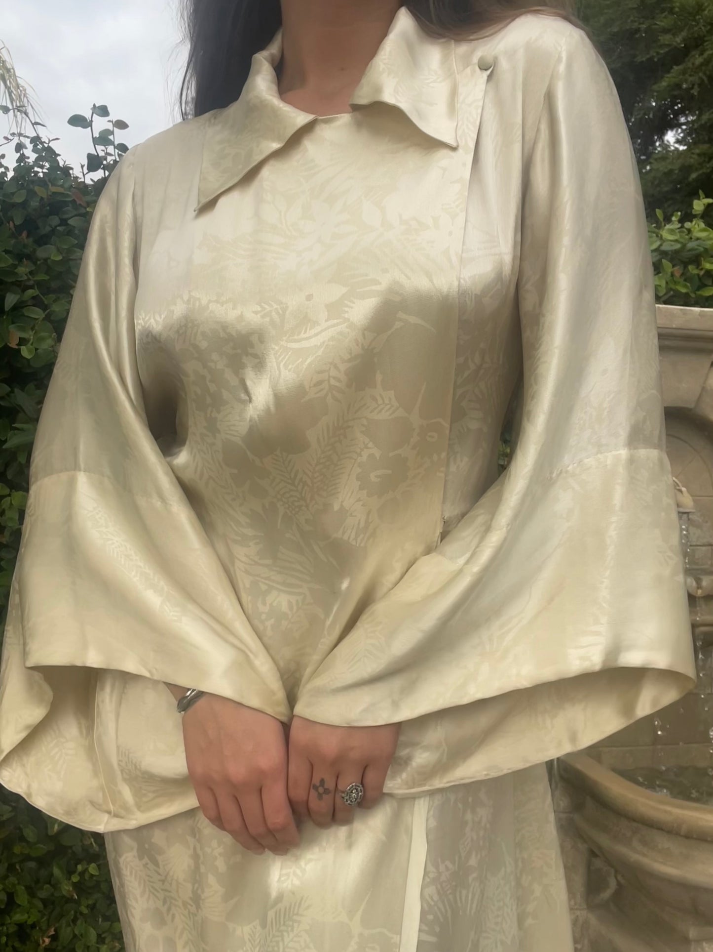 1930s Bell Sleeve Floral Ivory Charmeuse Collared Hostess Gown